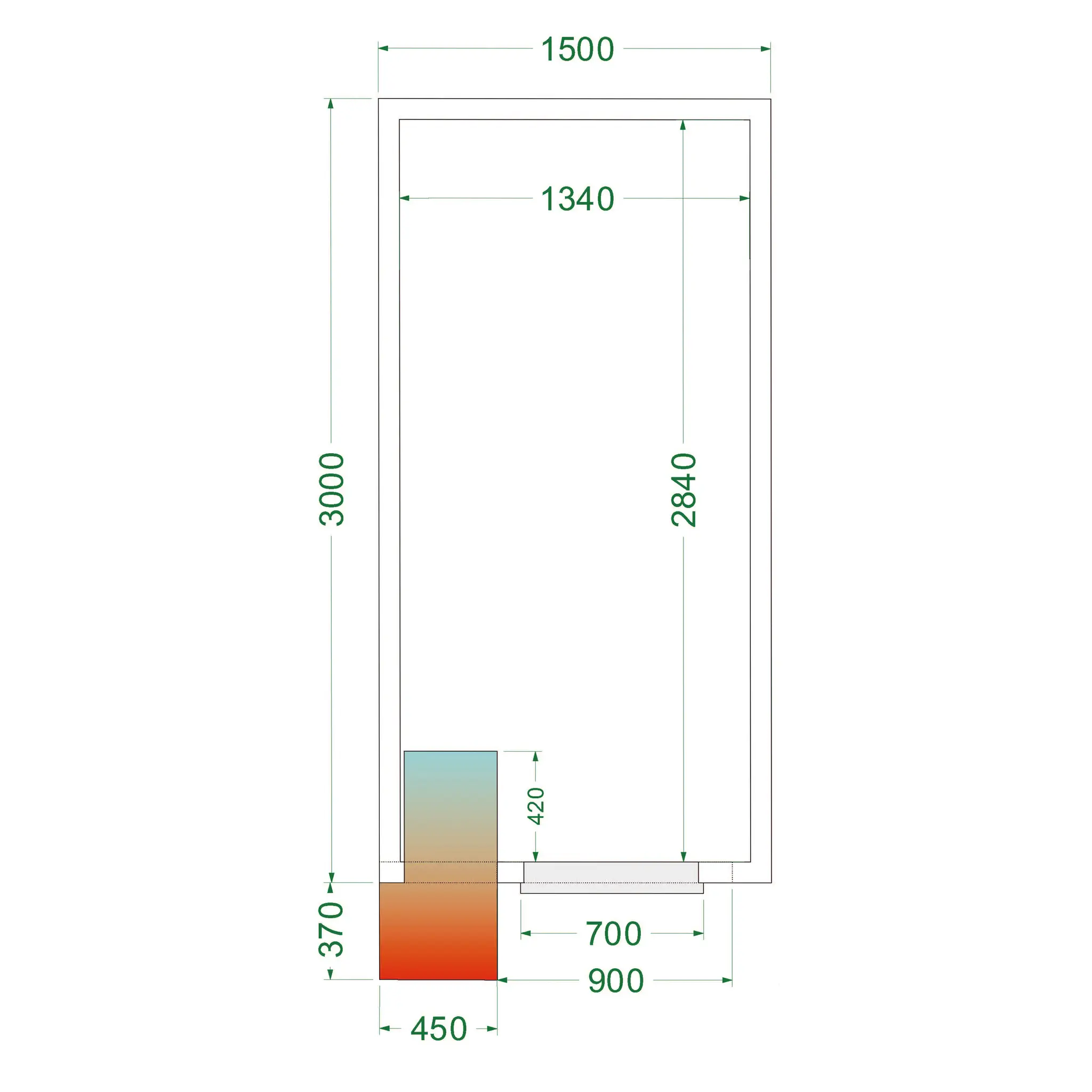 Chambre froide positive avec groupe 1500 x 3000 x 2200 mm