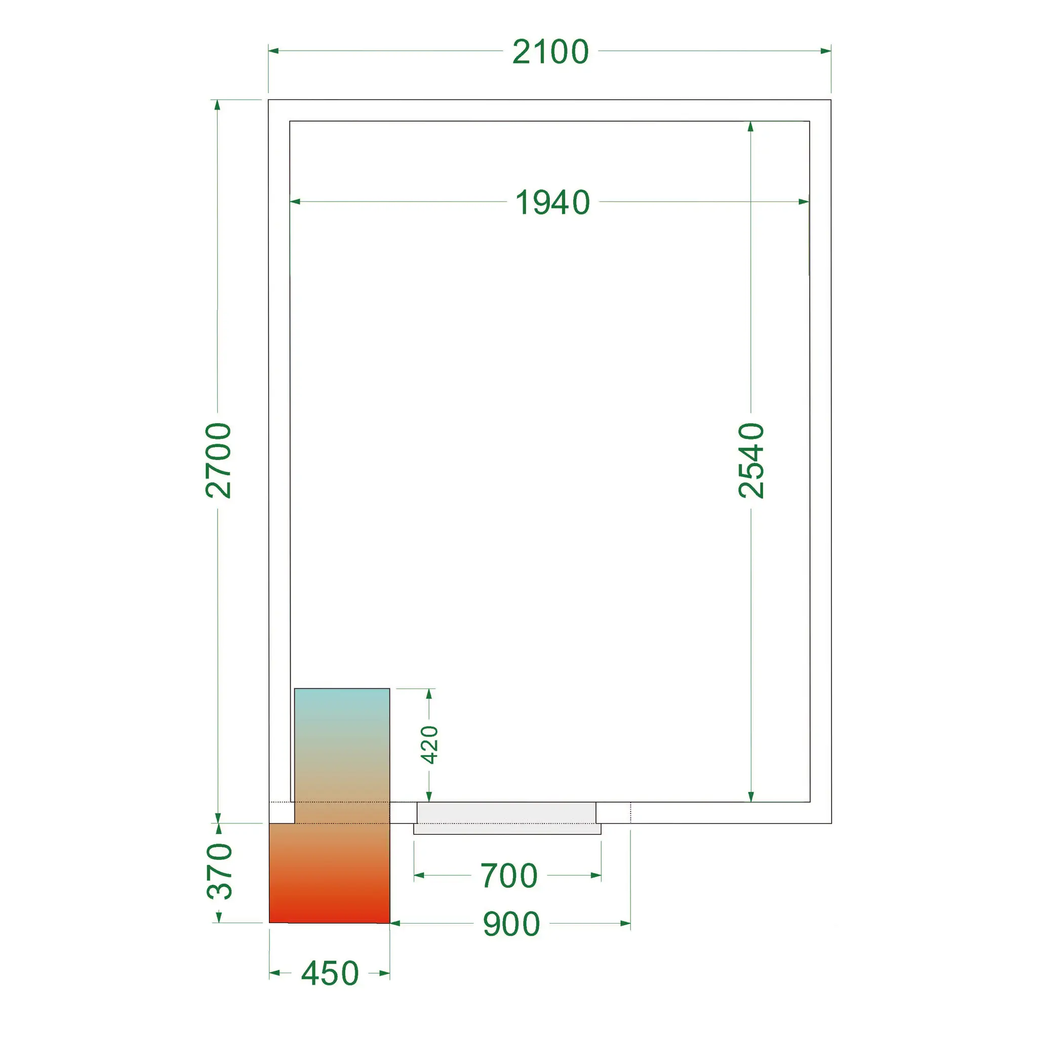 Chambre froide positive avec groupe 2100 x 2700 x 2200 mm