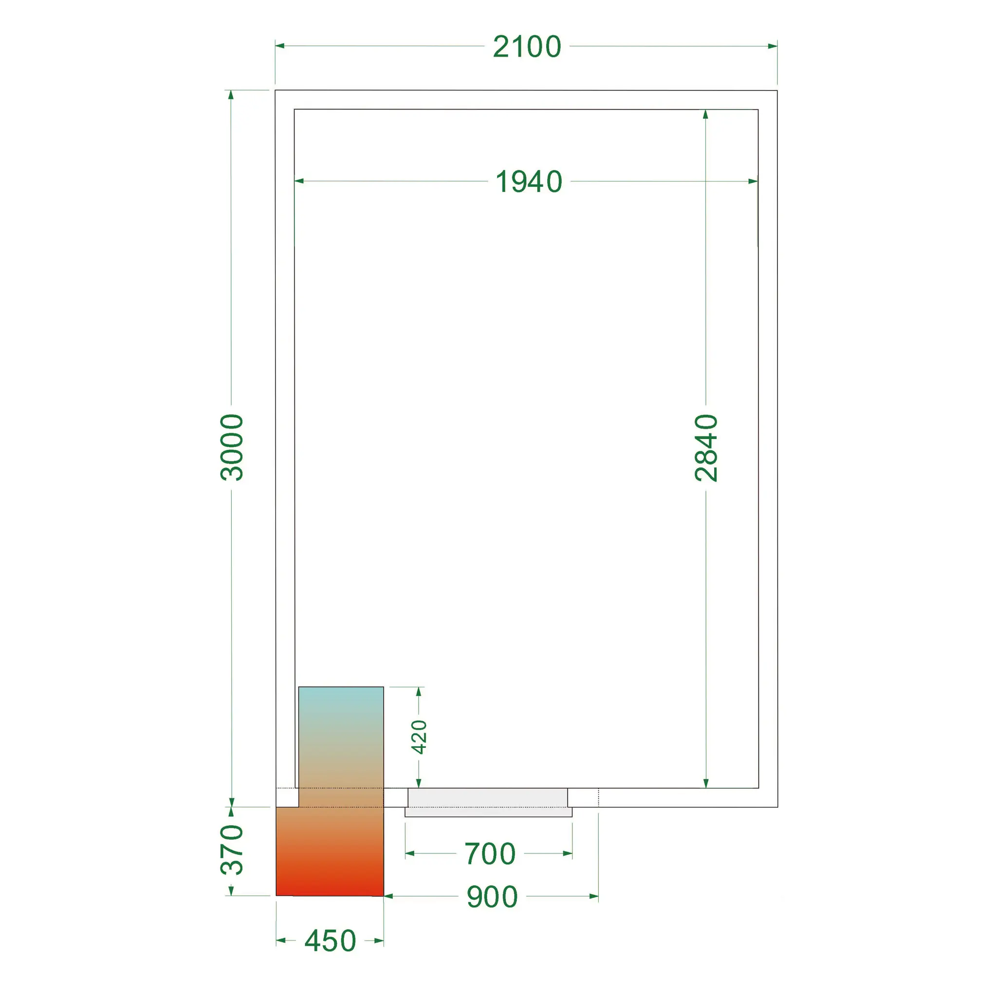 Chambre froide positive avec groupe 2100 x 3000 x 2200 mm