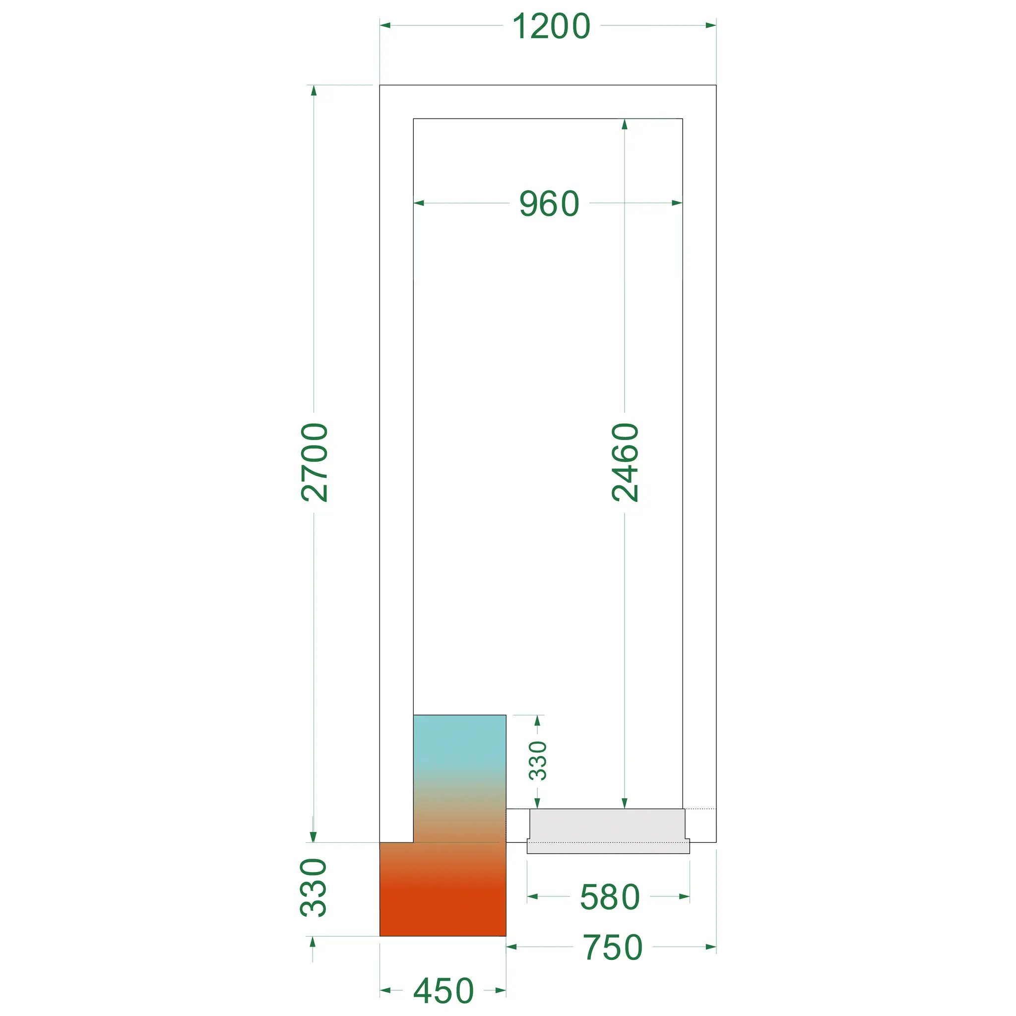 Chambre froide négative avec groupe 1200 x 2700 x 2200 mm
