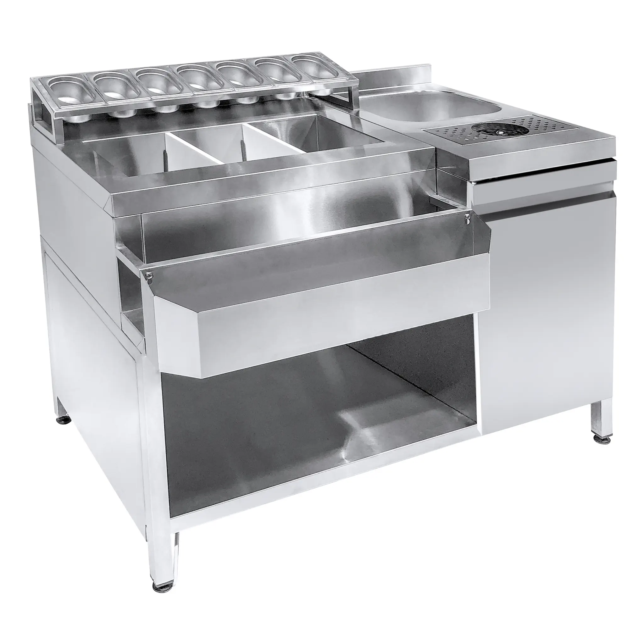 Cocktails bar station avec évier, lave-verres, bacs GN, speedrail porte-bouteilles