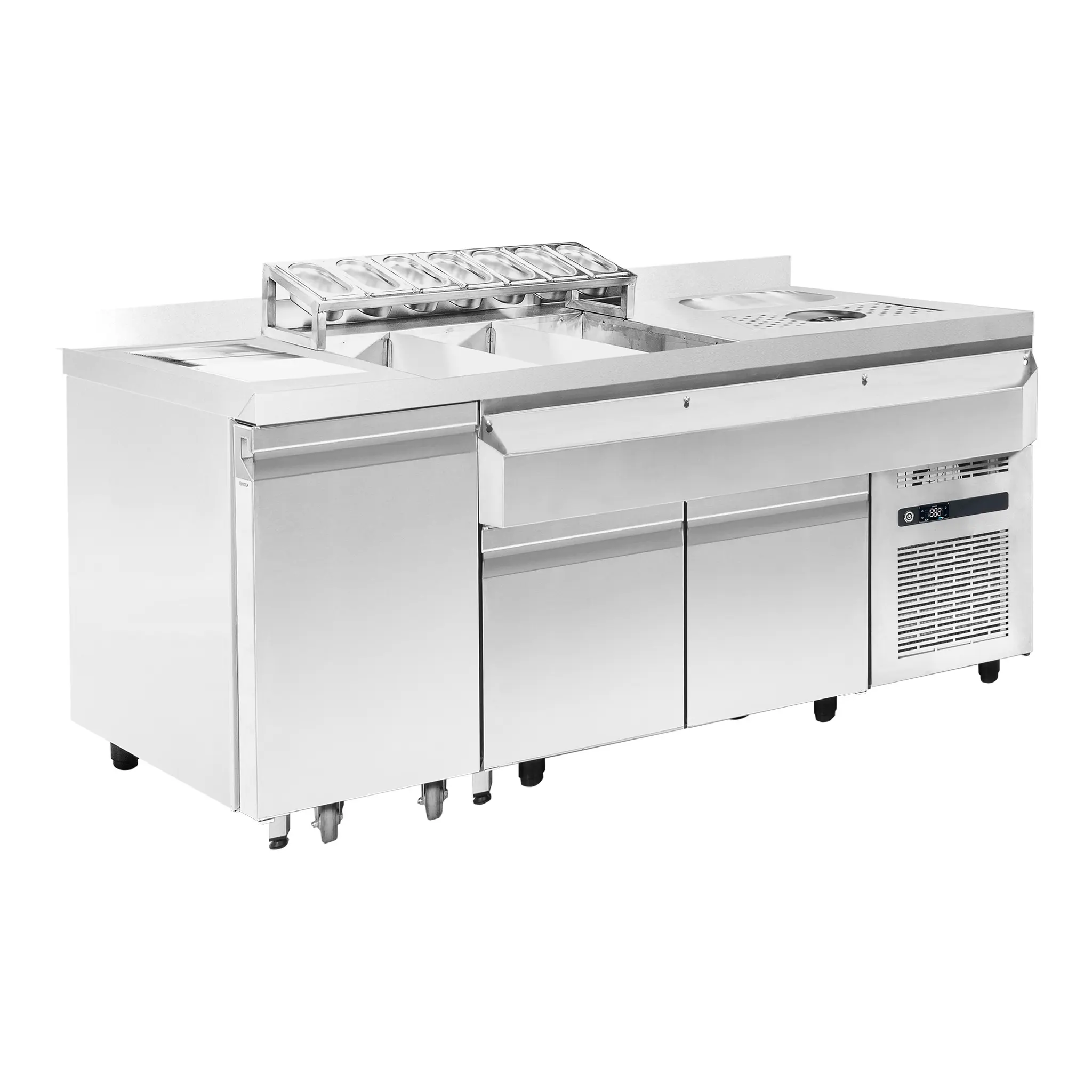 Cocktails bar station réfrigérée avec évier, lave-verres, bacs GN, speedrail porte-bouteilles, planche à découper et poubelle