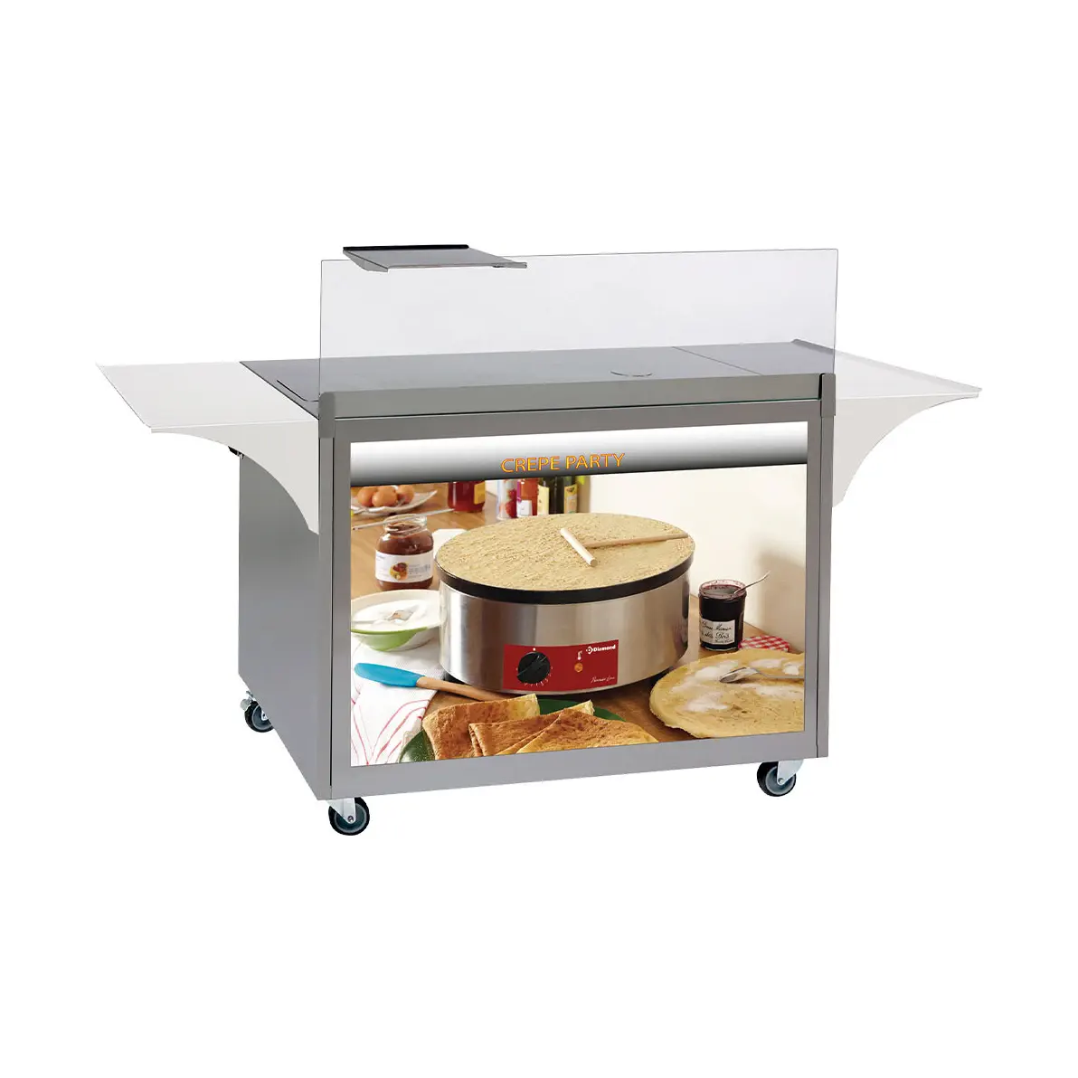 Meuble à crêpes en inox, sur roulettes