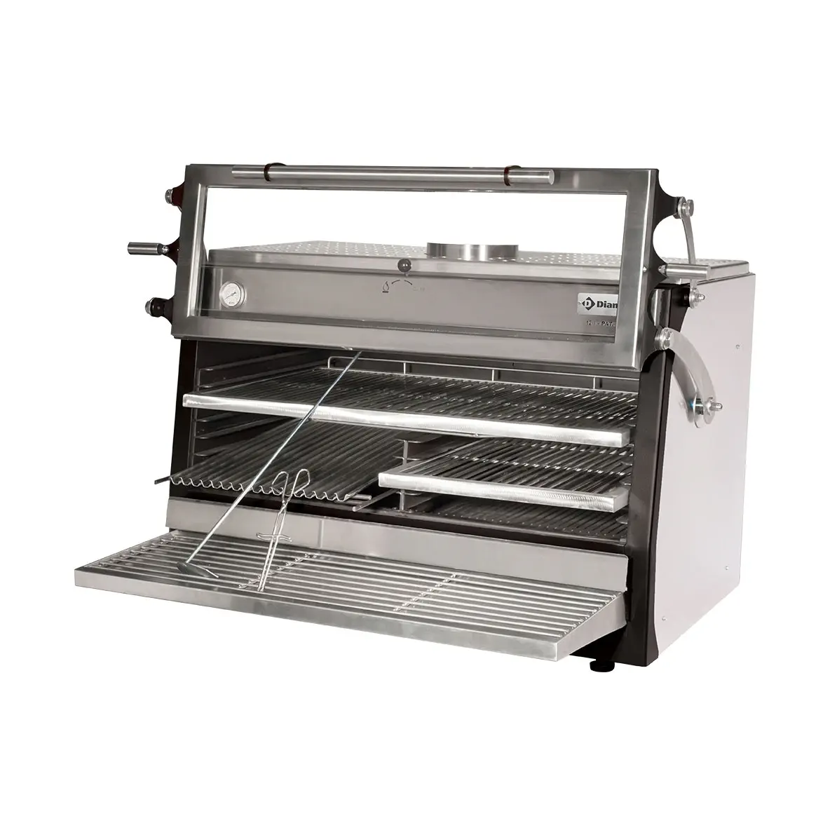 Four-BBQ  à charbon, GN 2/1+ GN1/1(120 Kg/h) - Porte relevable /Inox