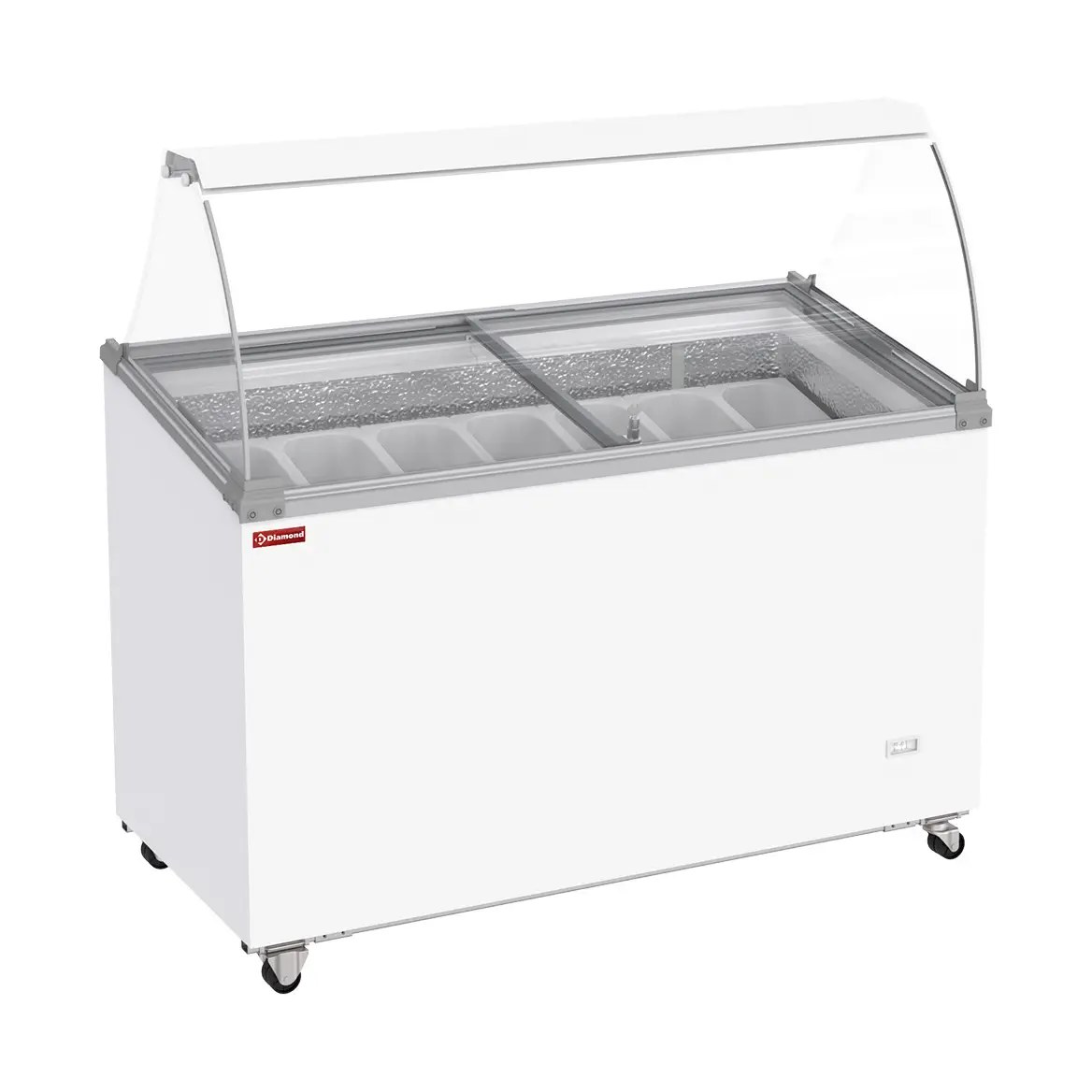 Conservateur comptoir à glaces, 381 litres, couvercles coulissants sur roulettes avec vitres bombées , capacité 7 bacs  - 1305 x 635 mm