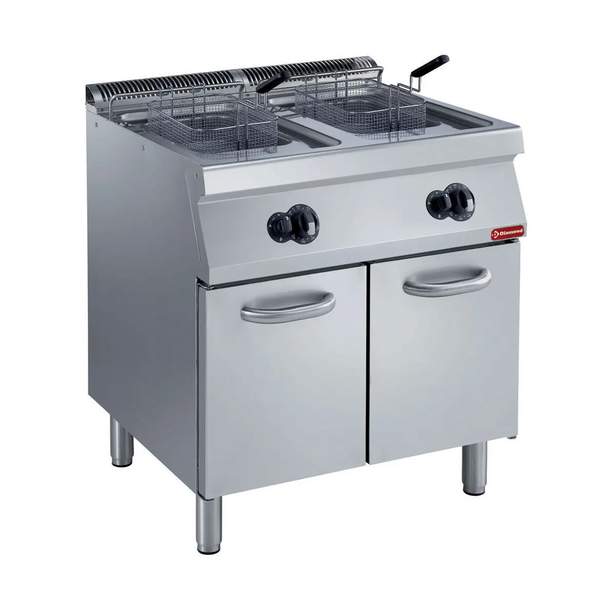 Friteuse gaz 2 cuves en "Y" 2x 15 litres, brûleurs extérieurs, sur armoire