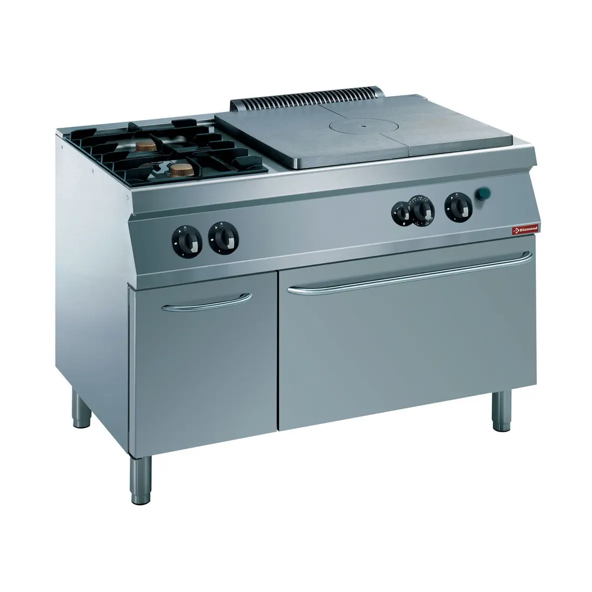 Fourneau 2 feux, 1 taque coup de feu, four gaz GN 2/1, armoire neutre