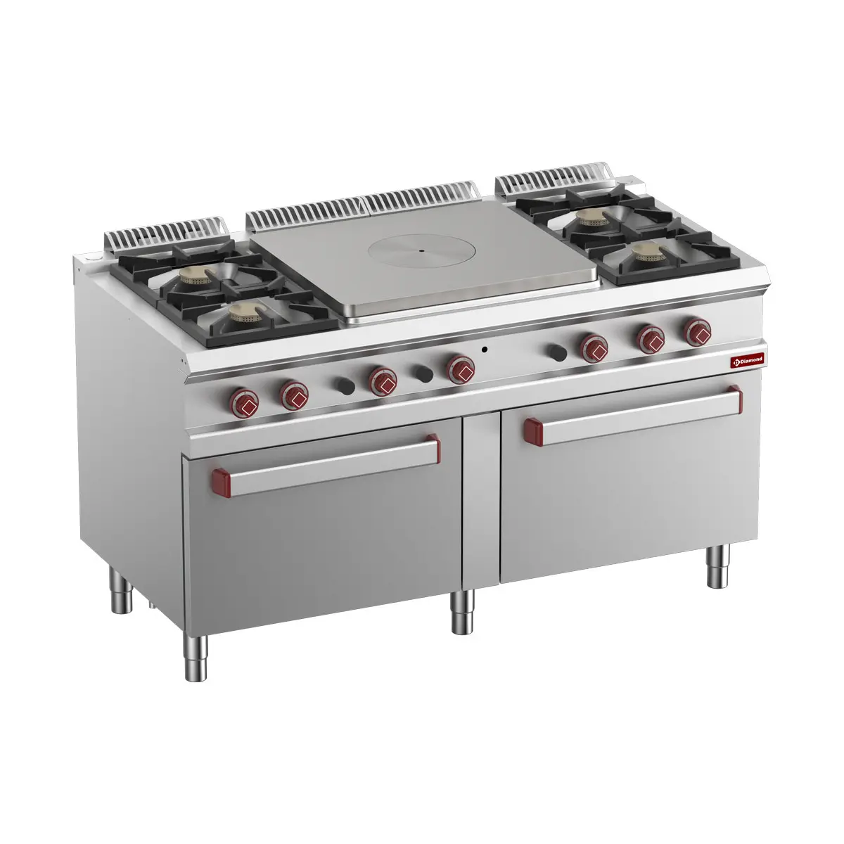 Fourneau  gaz 4 feux vifs, taque coup de feu centrale, 2 fours gaz GN 2/1