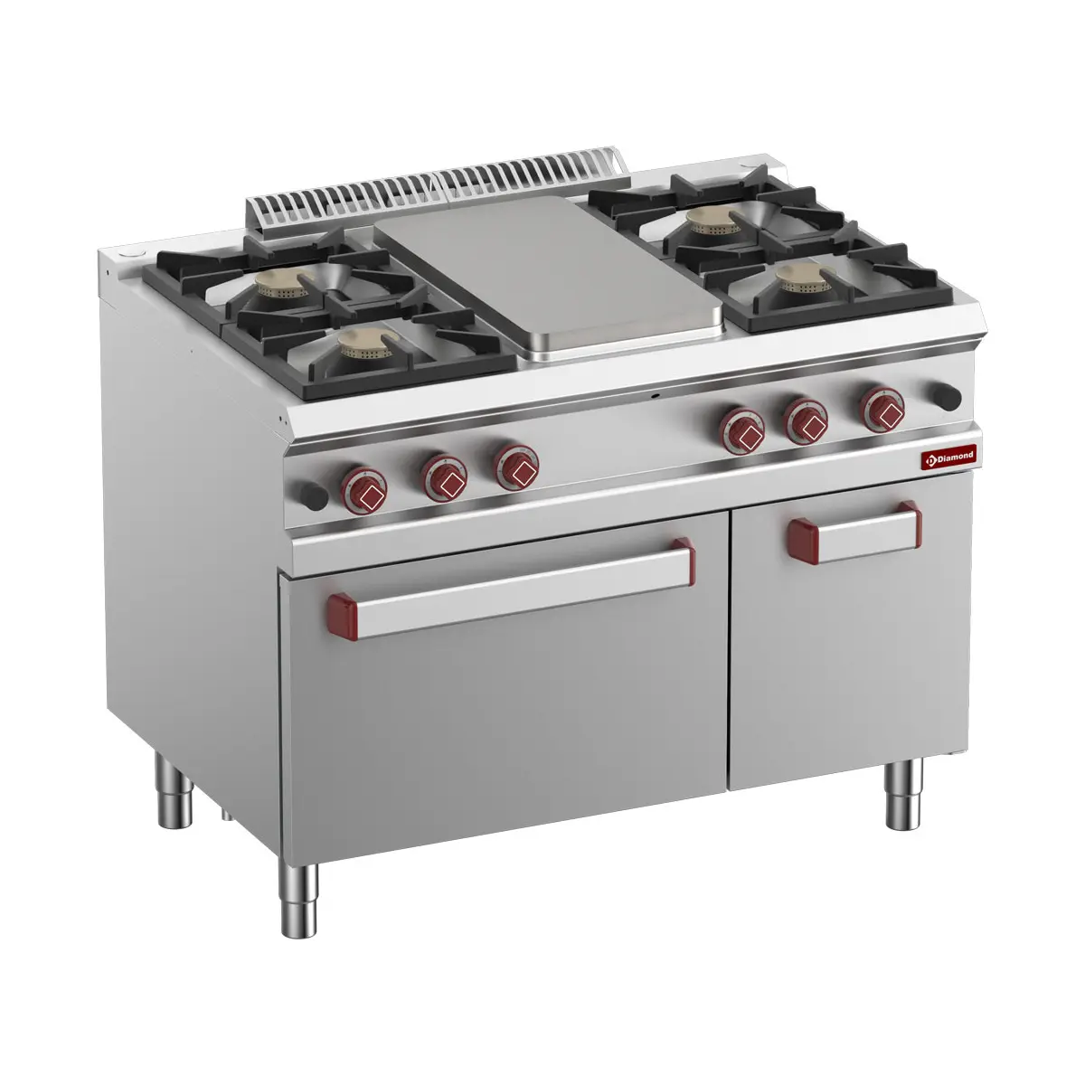 Fourneau 4 feux vifs, plaque à mijoter, four gaz GN 2/1, armoire GN 1/1