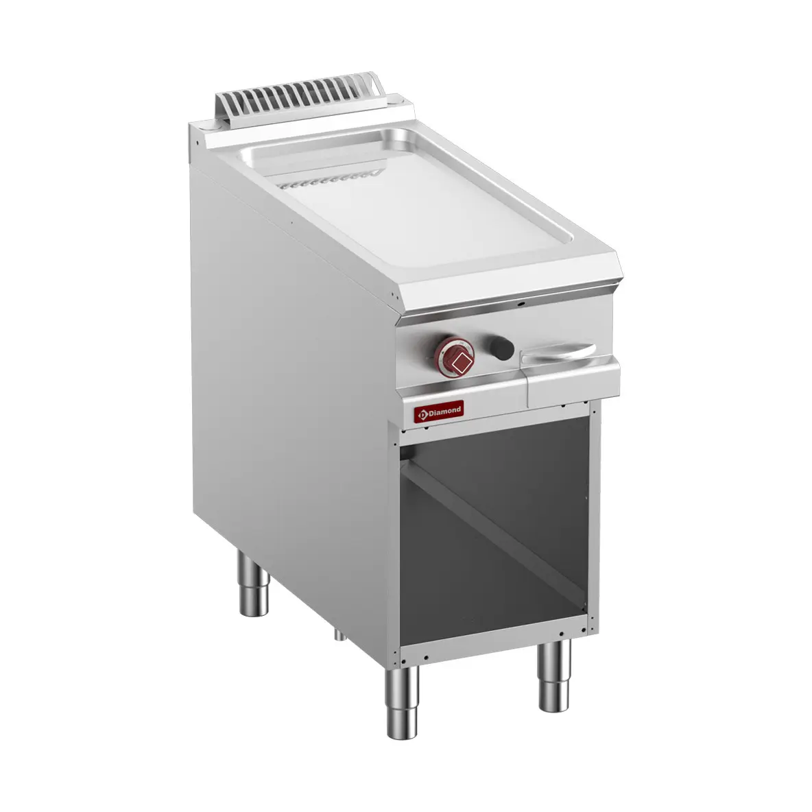 Plaque de cuisson lisse gaz, chromée module 1/2, armoire ouverte