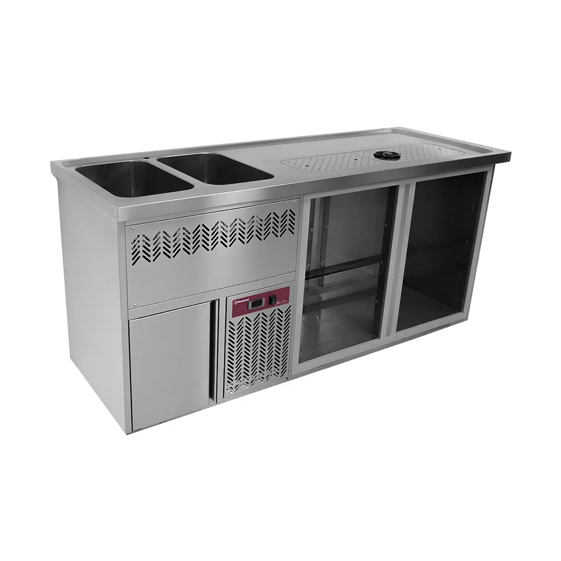 Comptoir bar 2 compartiments, égoutoir+grille, 2 cuves à gauche.