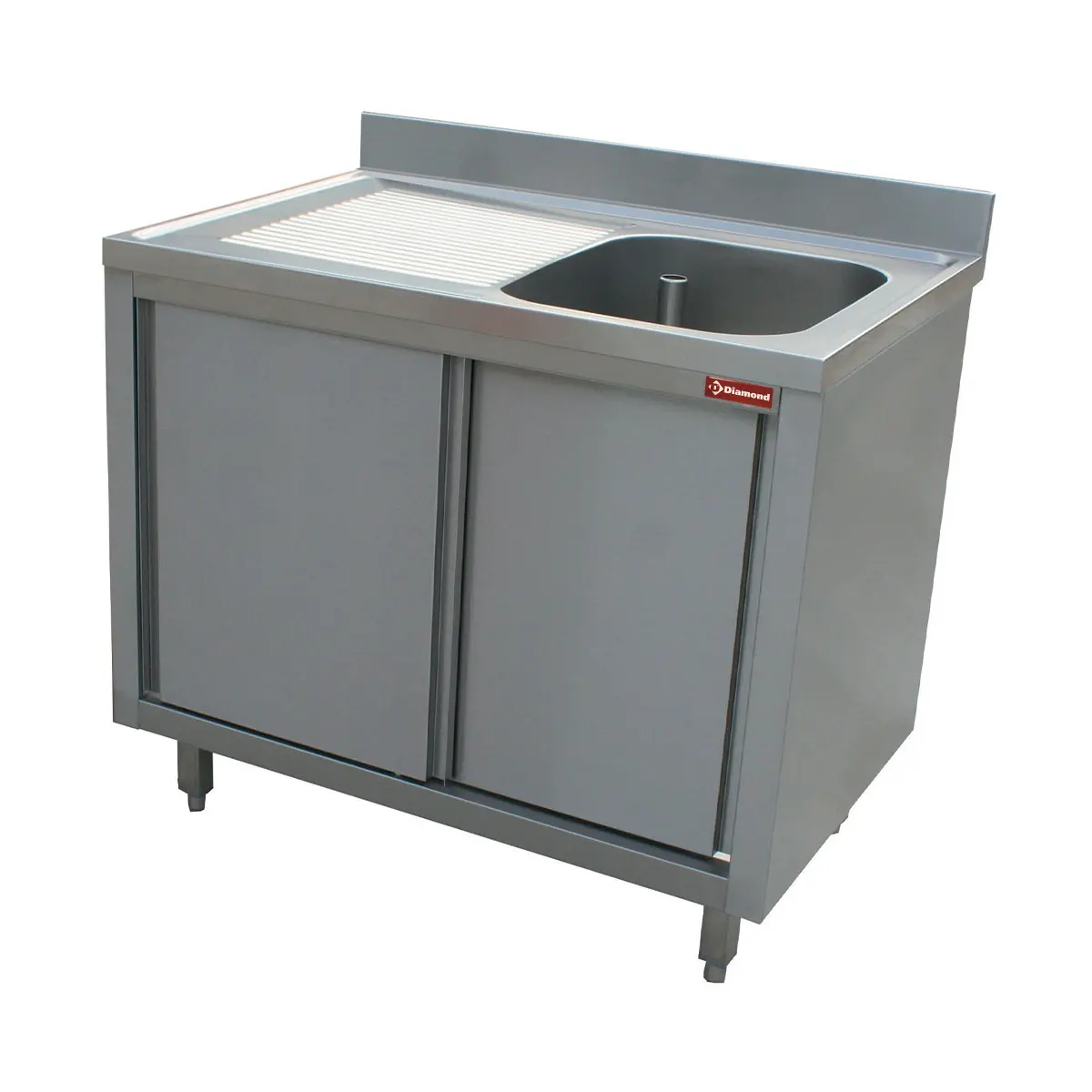 Plonge 1 cuve 600x500x275 égouttoir gauche sur armoire 2 portes coulissantes - 1400 x 700 mm