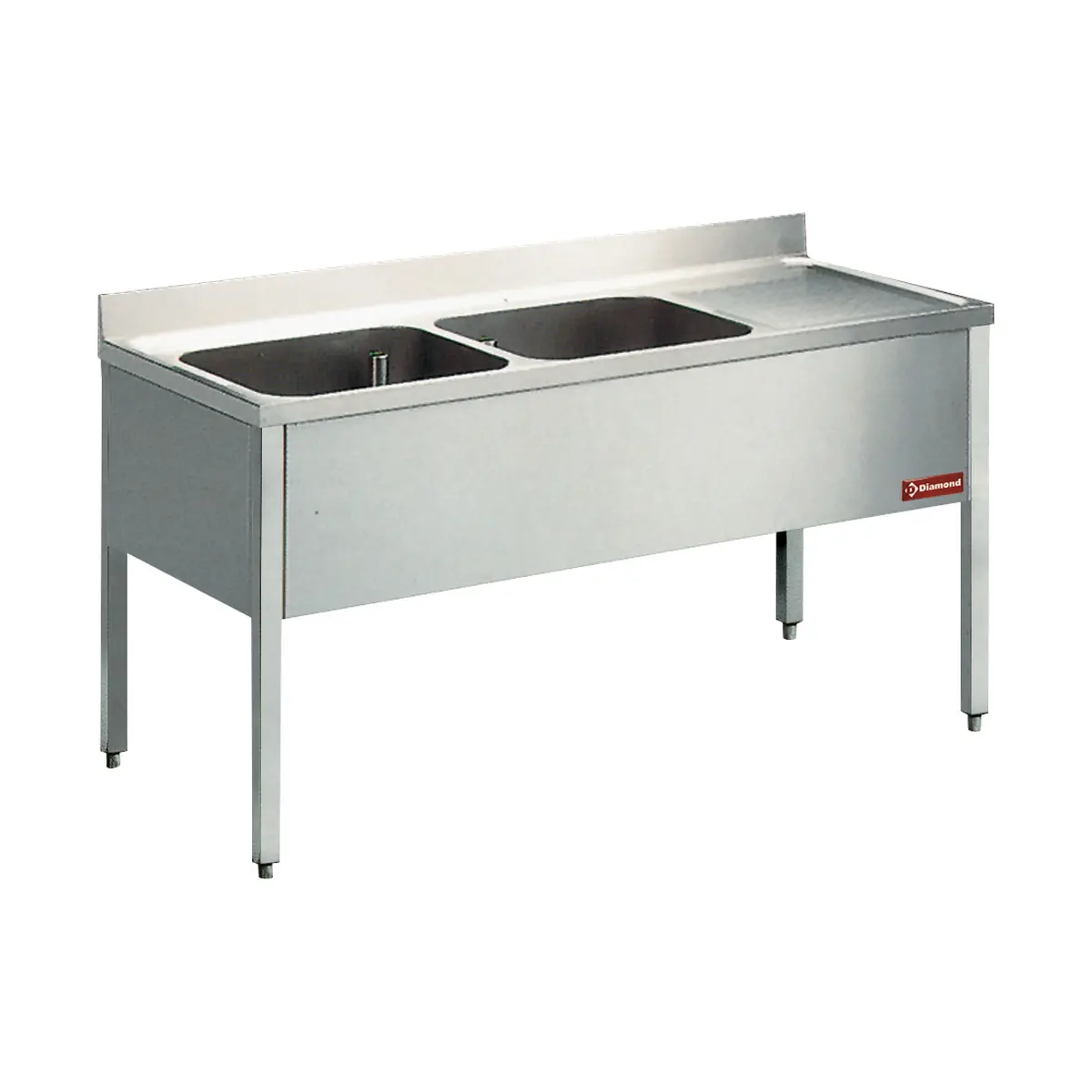 Plonge 2 cuves et 1 égouttoir à droite, avec piétement - 1600 x 700 mm