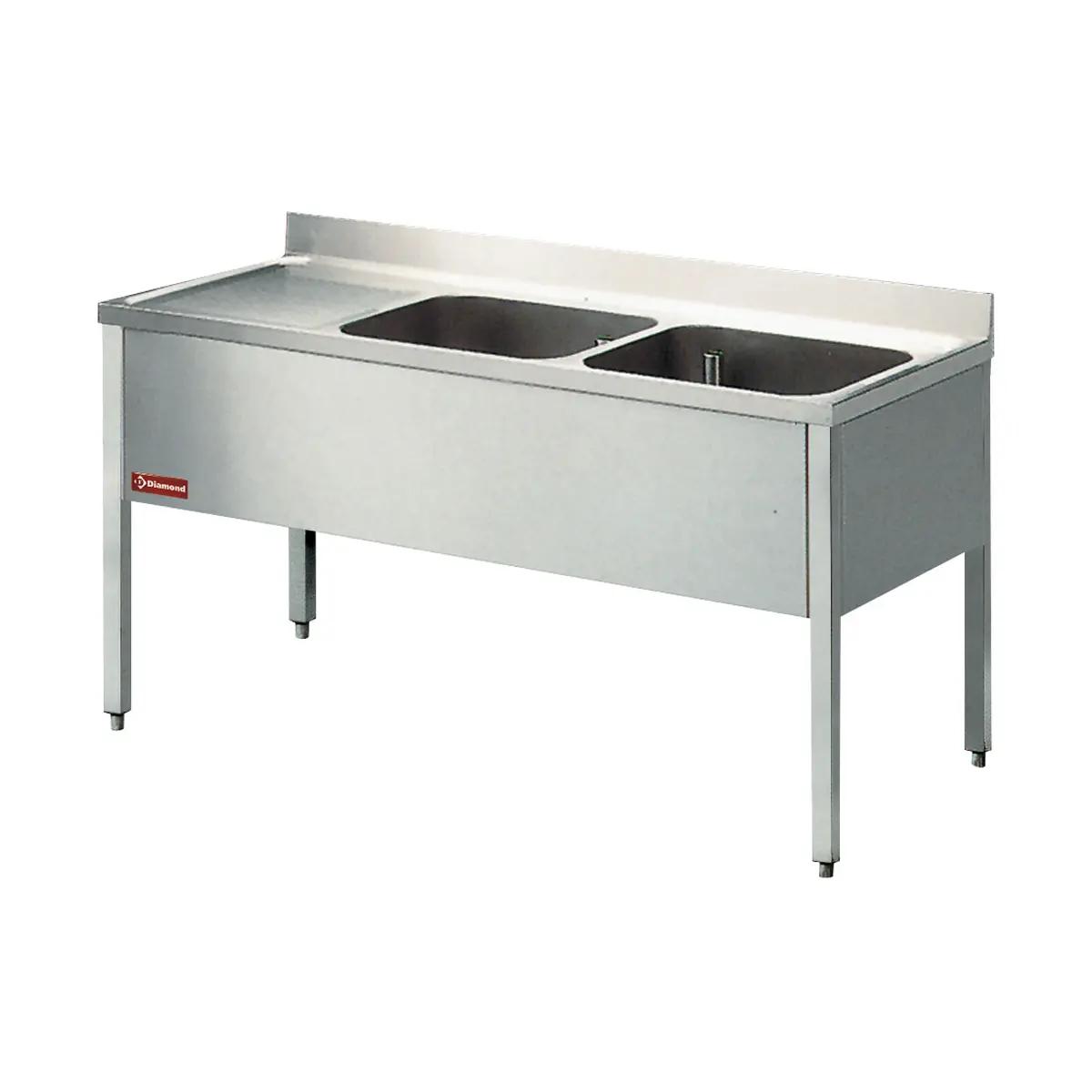 Plonge 2 cuves et 1 égouttoir à gauche, avec piétement - 1600 x 700 mm