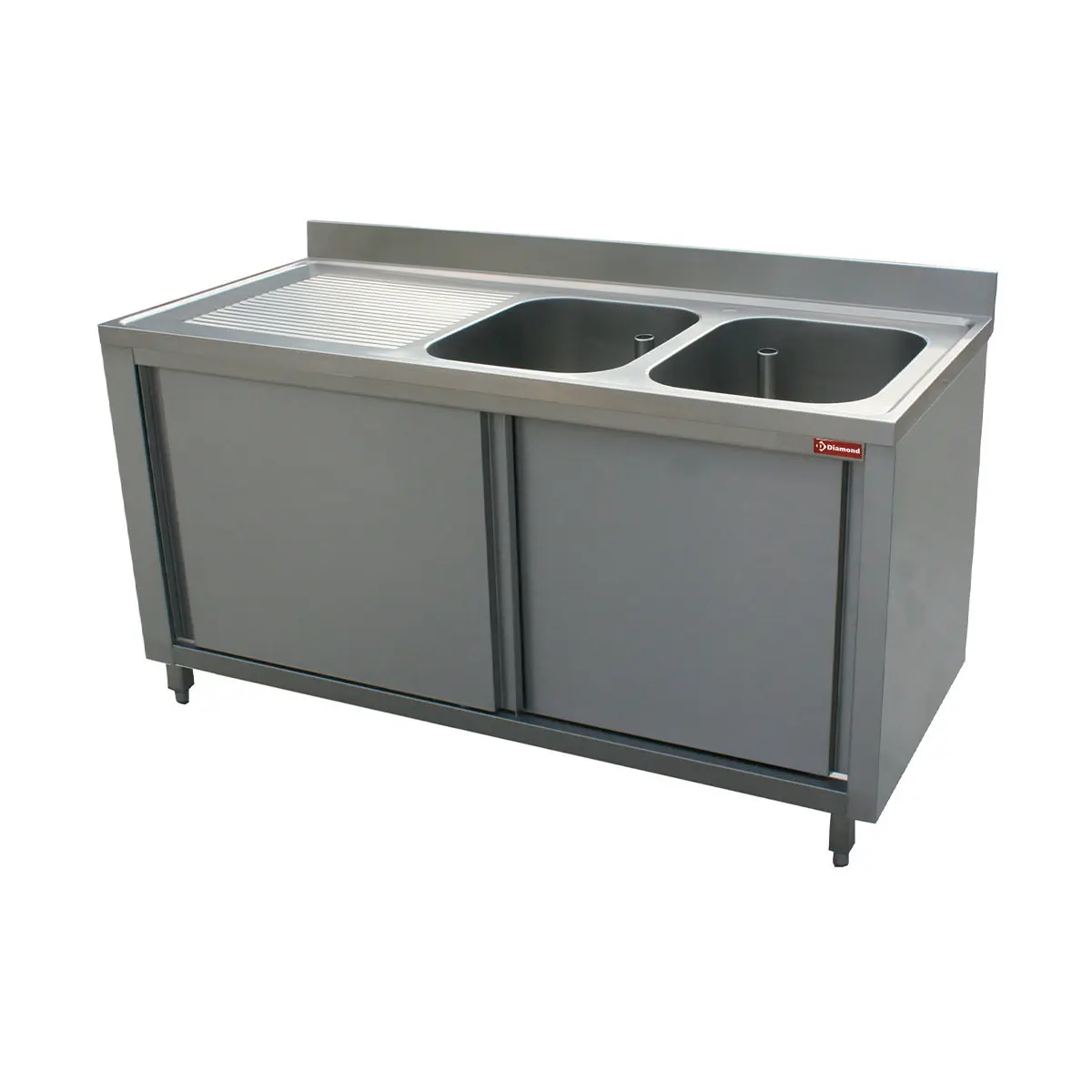 Plonge 2 cuves 400x500x275 égouttoir gauche sur armoire 2 portes coulissantes - 1600 x 700 mm