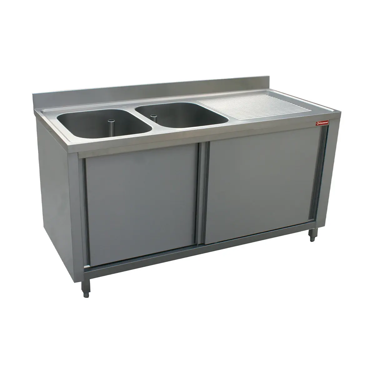 Plonge 2 cuves 500x500x325 égouttoir droit sur armoire 2 portes coulissantes - 1800 x 700 mm