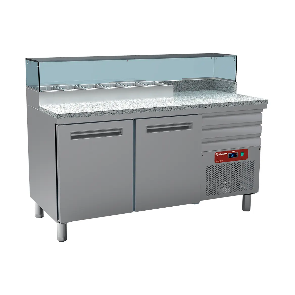 Table frigo pizzeria, 2 portes EN 600x400, 3 tiroirs neutres EN 600x400, structure réfrigérée 6x GN 1/4