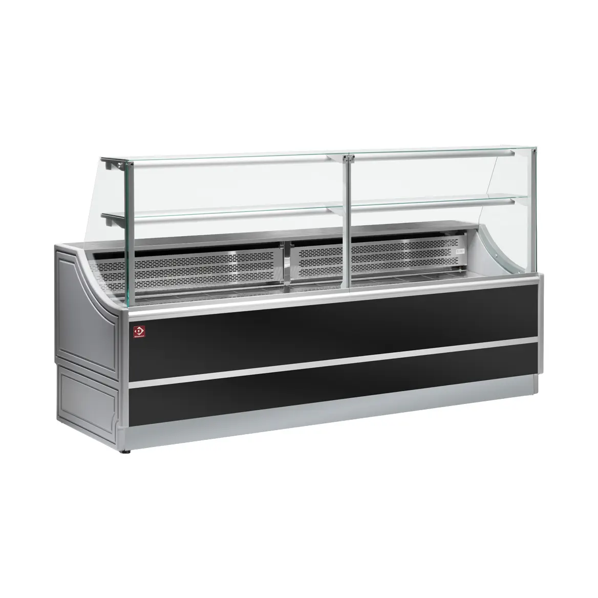Comptoir vitrine réfrigérée à vitre droite 90°, avec réserve - 2000 x 810 mm