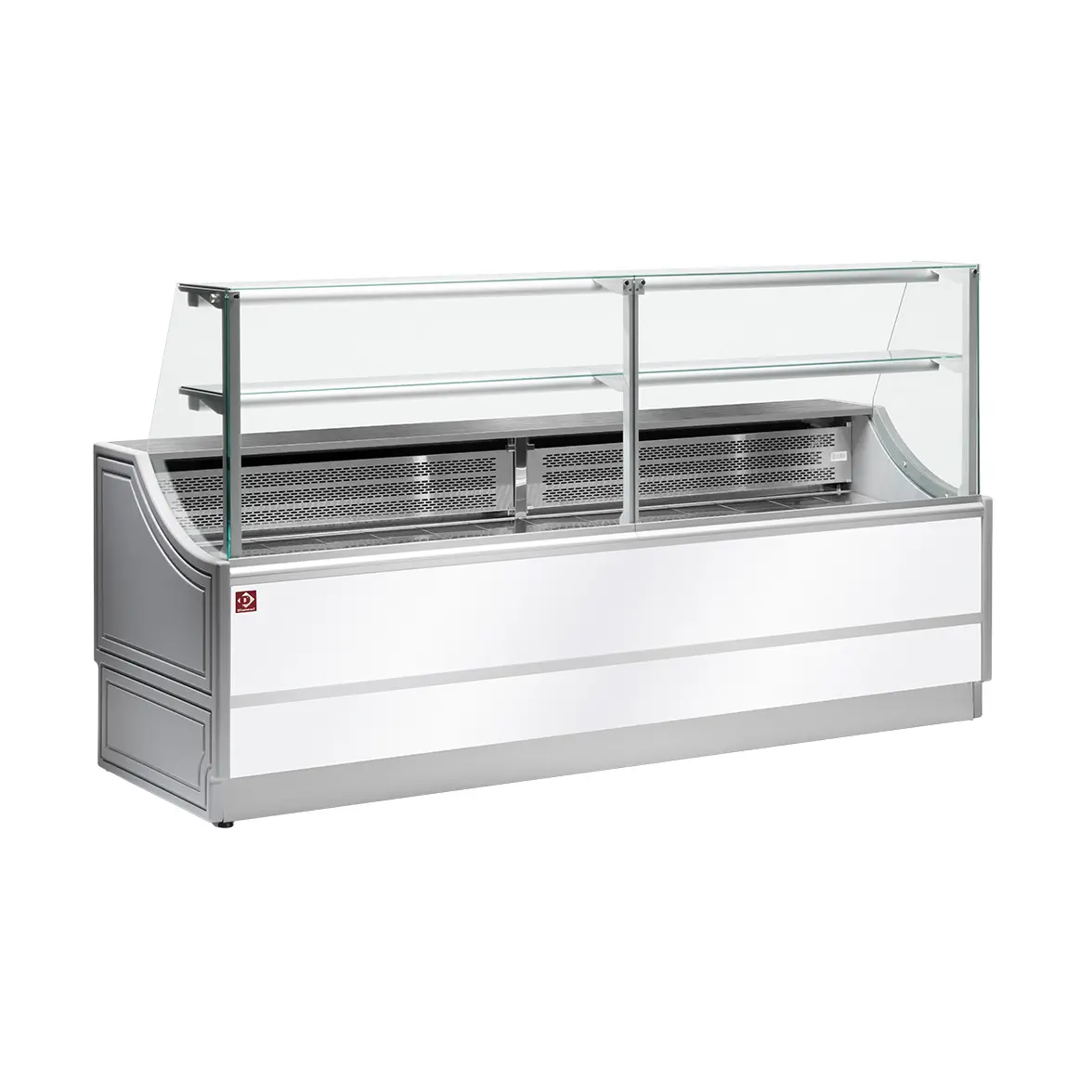 Comptoir vitrine réfrigérée à vitre droite 90°, avec réserve - 2500 x 810 mm