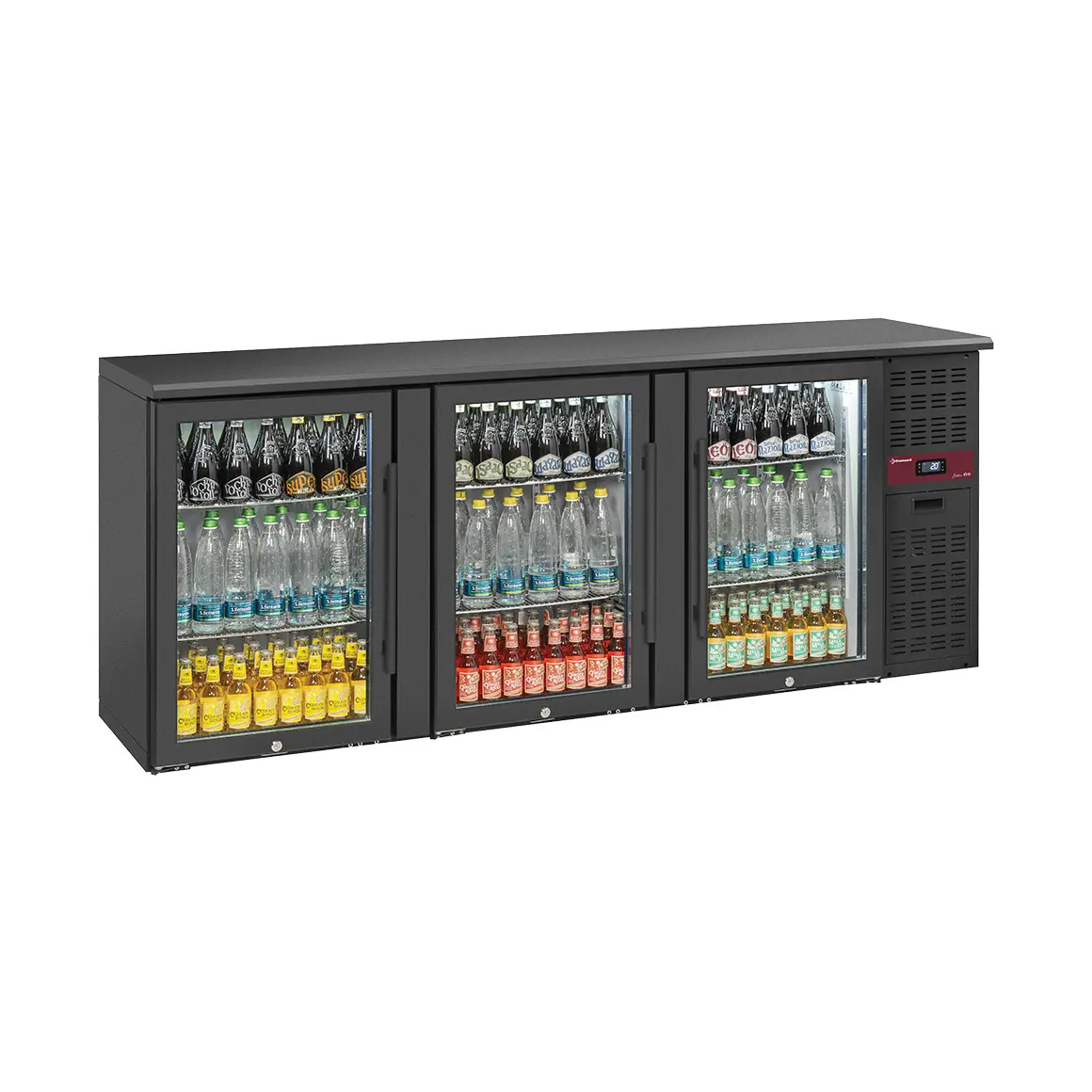 Arrière de bar 3 portes vitrées, 500 litres, pieds réglables