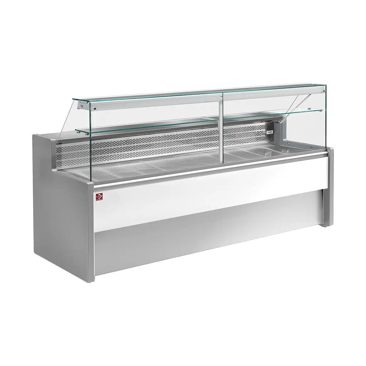 Comptoir vitrine réfrigéré à vitre droite 90°, avec réserve - GRIS/BLANC - 2000 x 800 mm