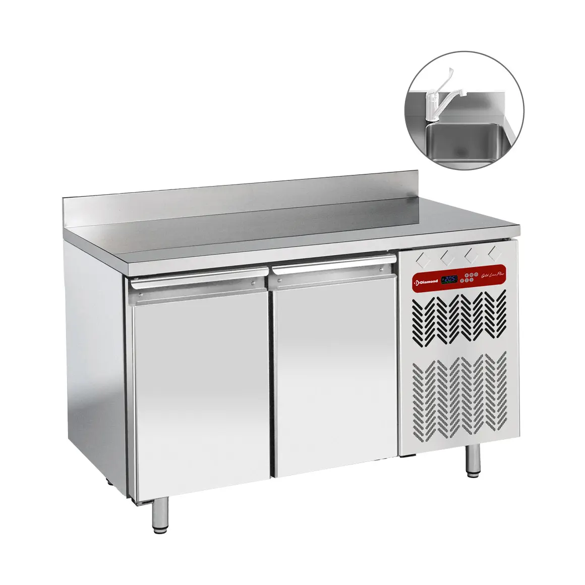 Table frigorifique "murale", ventilée, 2 portes GN 1/1, avec évier