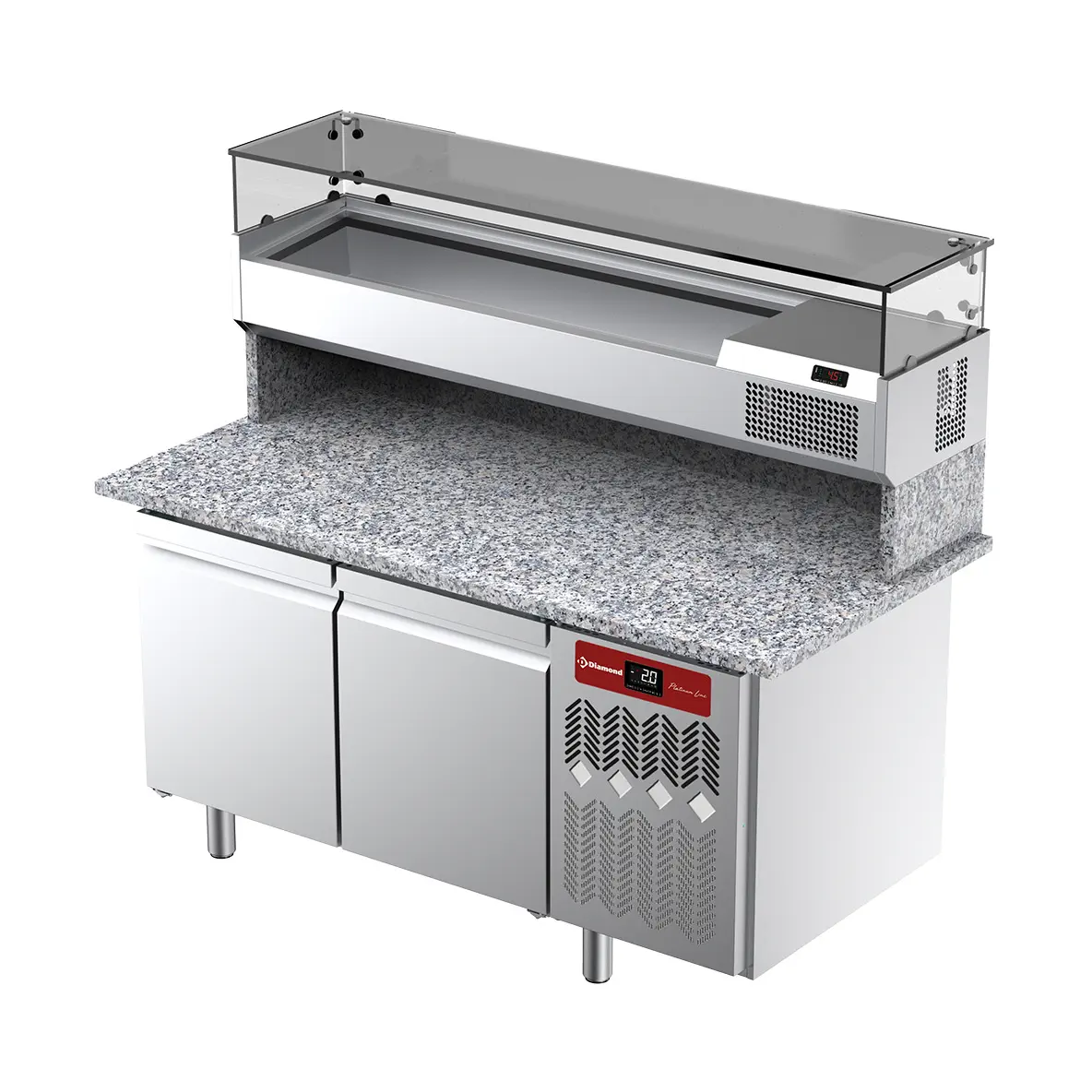 Table frigorifique, ventilée, pour pizza 2 portes avec  vitrine refrigérée 1600x380x410 et plan de travail en granit