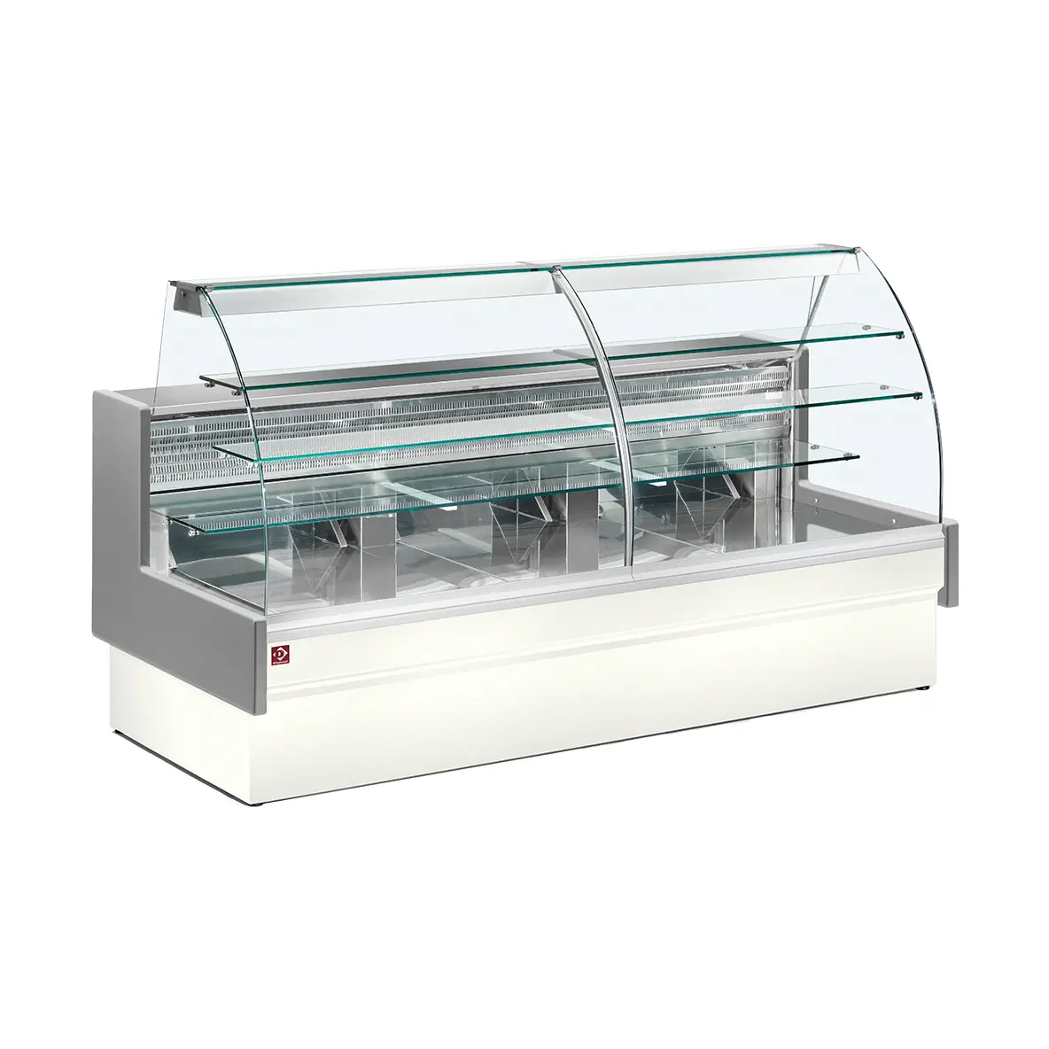 Comptoir vitrine réfrigéré, statique, chargement à tiroirs, vitre courbe, sans réserve - GRIS/BLANC - 1400 x 980 mm