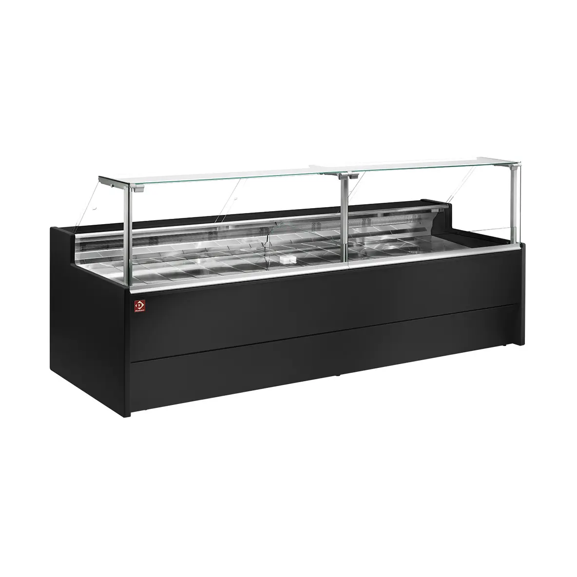 Comptoir vitrine réfrigéré à vitre droite 90° sur pistons, ventilé, avec réserve - NOIR - 2500 x 1085 mm