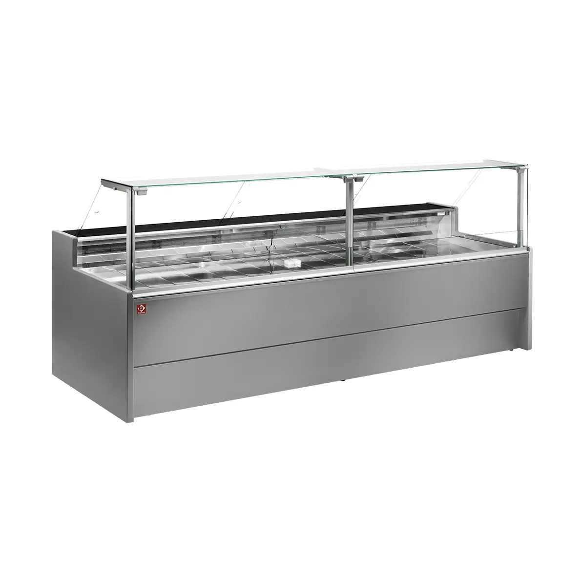 Comptoir vitrine réfrigéré à vitre droite 90° sur pistons, ventilé, avec réserve - GRIS - 2500 x 1085 mm