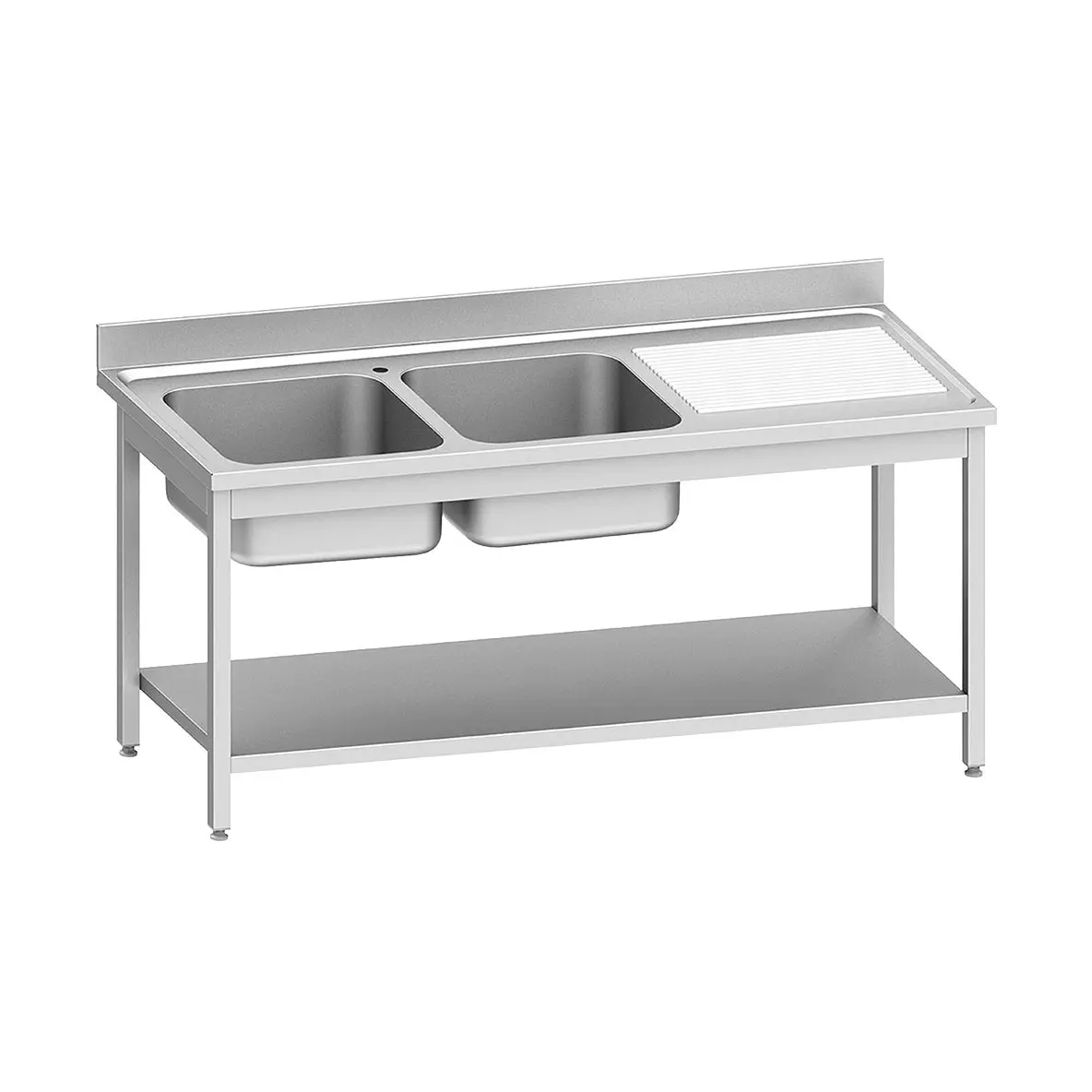 Plonge inox ECO 2 cuves égouttoir droite, avec tablette inférieure - 1600 x 700 mm
