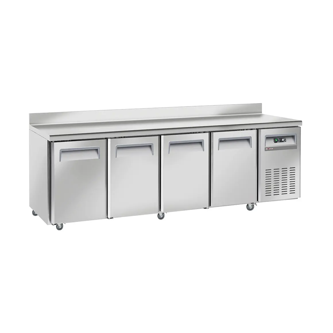 Table frigorifique, ventilé, 4 portes GN 1/1, avec dosseret, sur roues, 2 avec freins