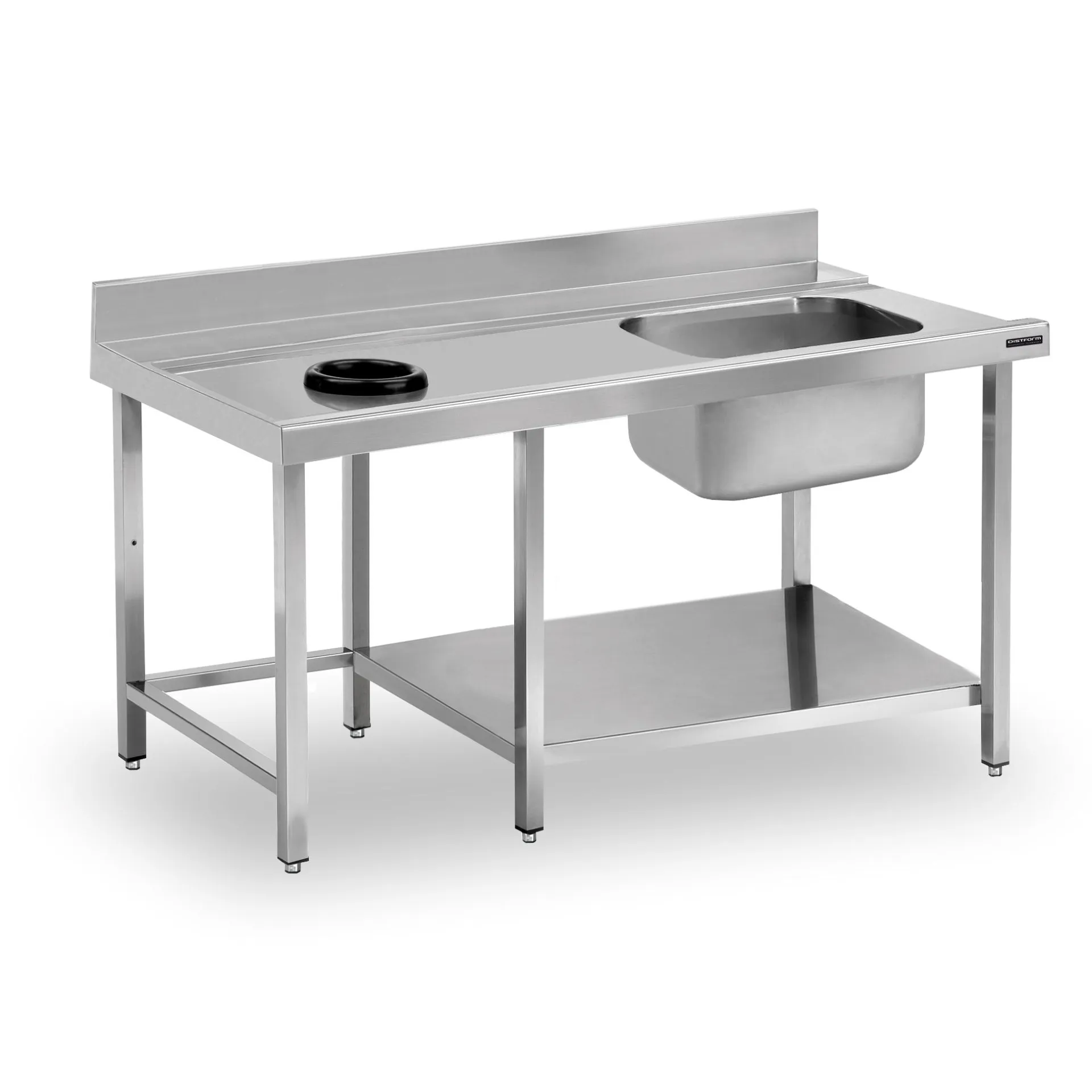 Table murale entrée de prélavage bac à droite, orifice et étagère 1600x750x850