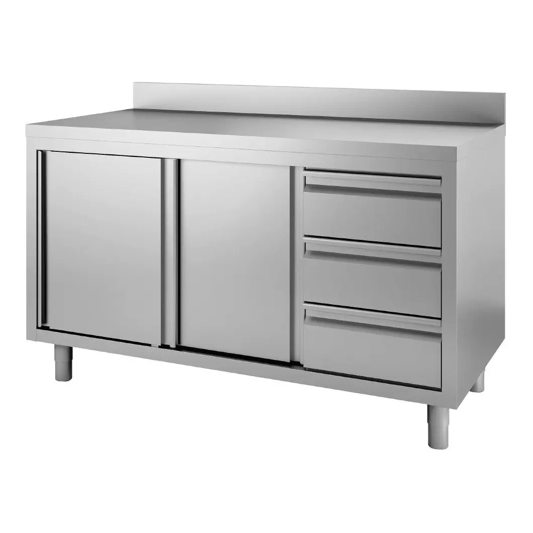 Table armoire inox avec dosseret 3 tiroirs à droite et portes coulissantes Gastro M 850/900x1400x700mm