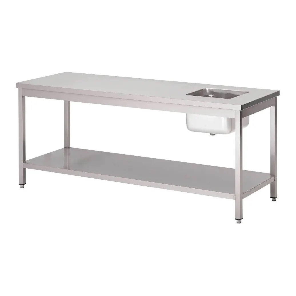 Table du chef inox avec bac à gauche et étagère basse Gastro M 2000 x 700 x 890mm