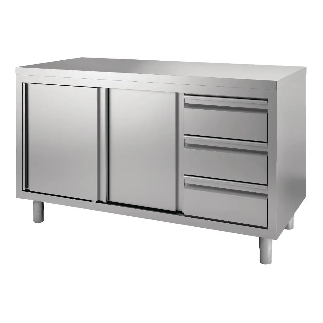 Table armoire inox avec portes coulissantes et 3 tiroirs à droite Gastro M 1600 x 700 x 850/900mm