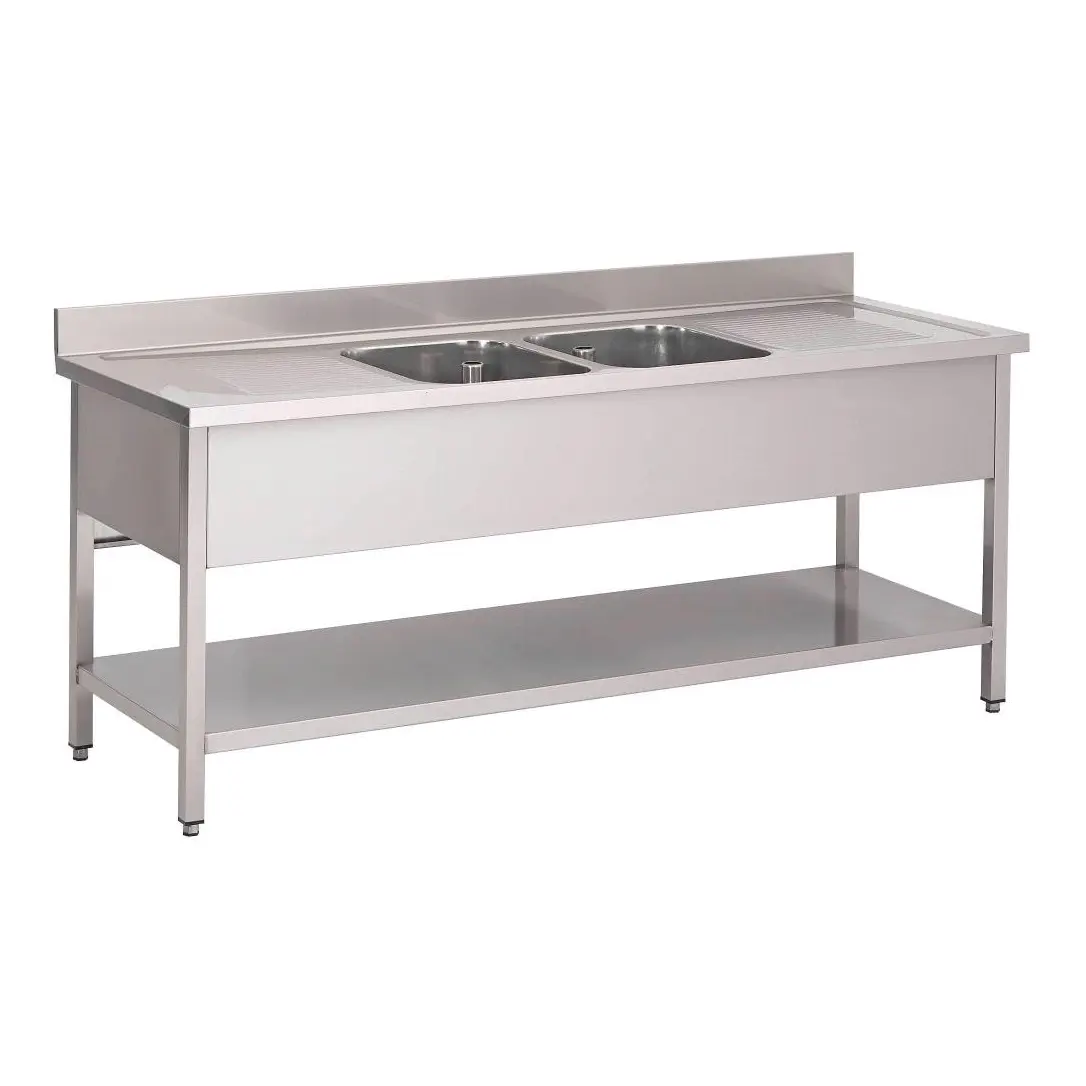 Plonge inox avec étagère basse Gastro M 2 bacs au centre 200 x 70 x 85 cm