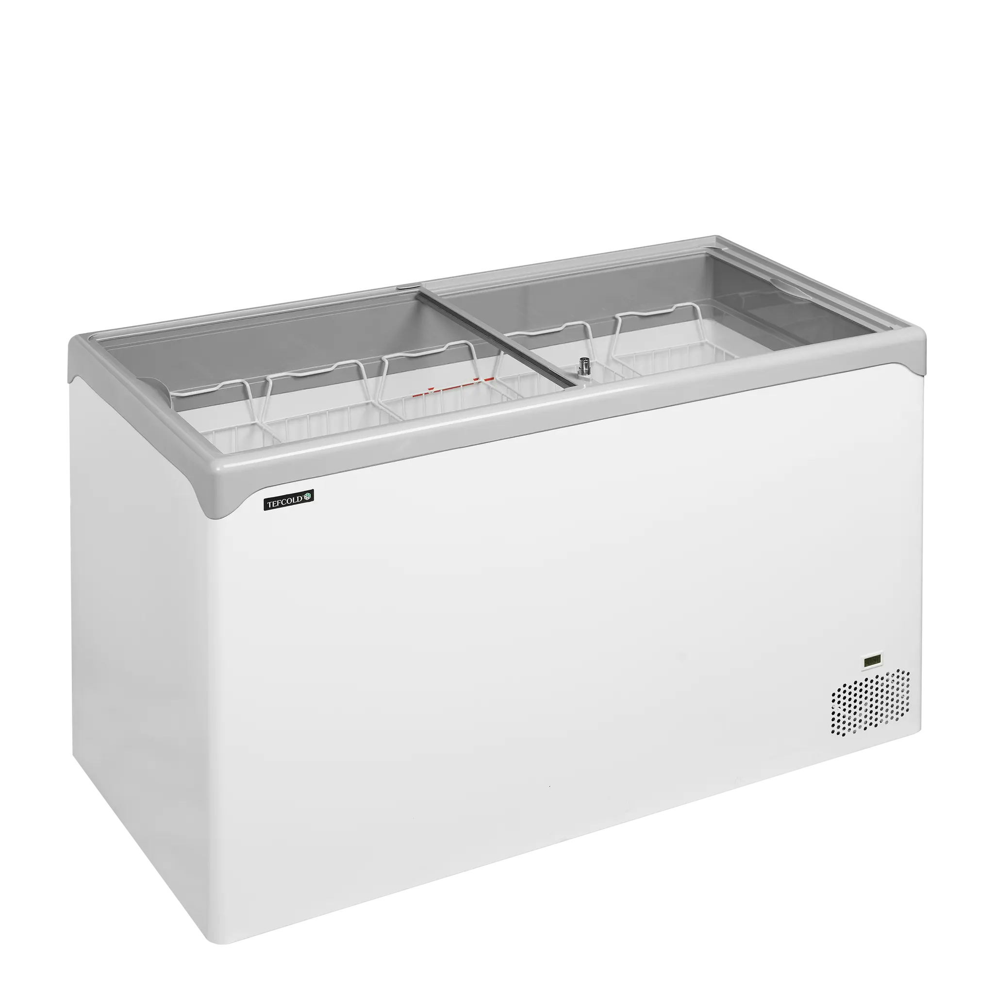Congélateur coffre élégant avec couvercles coulissants vitrés plats 390 L