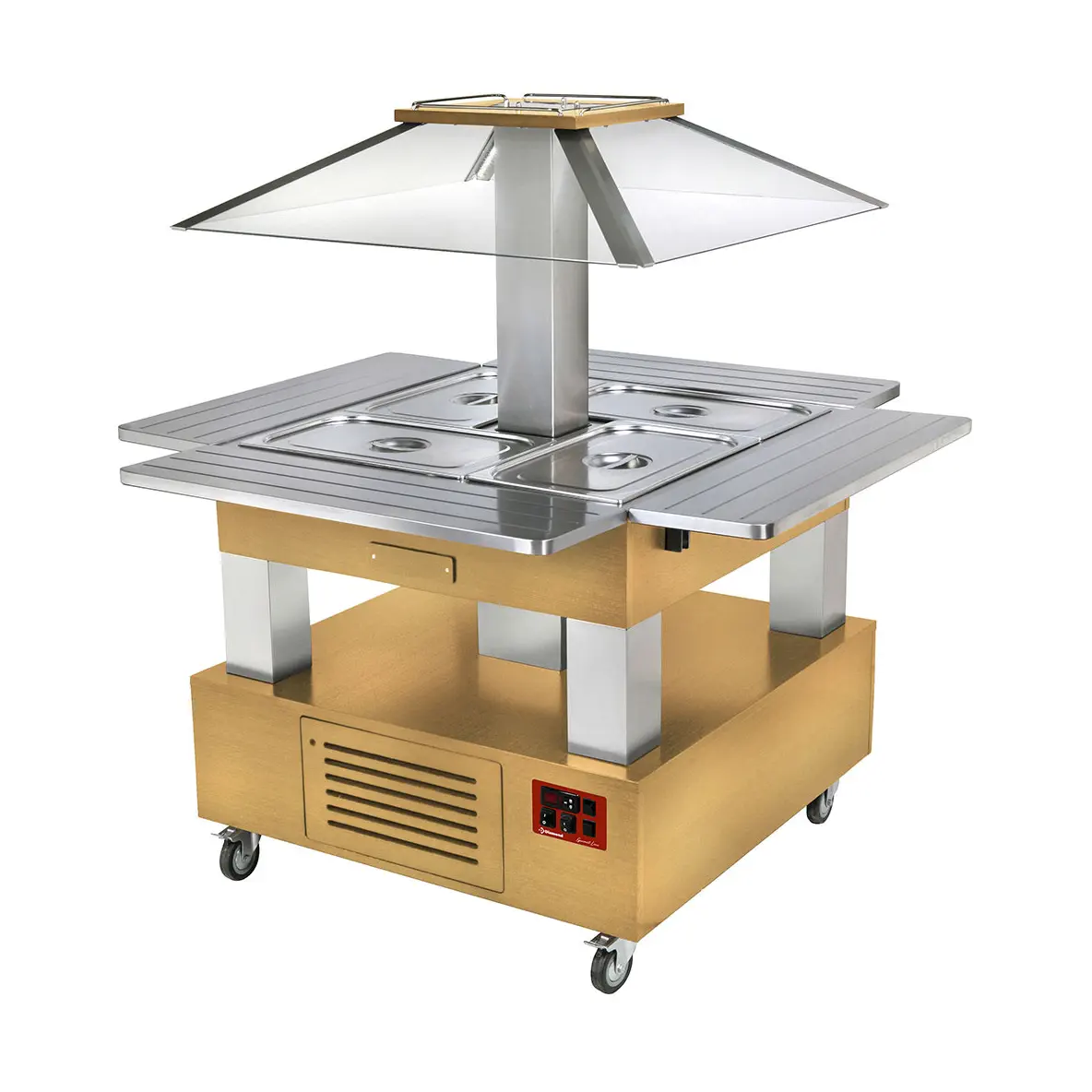 Ilot buffet chauffant,  bain marie, coupole motorisé, 4x GN1/1-150 (Bois Clair)