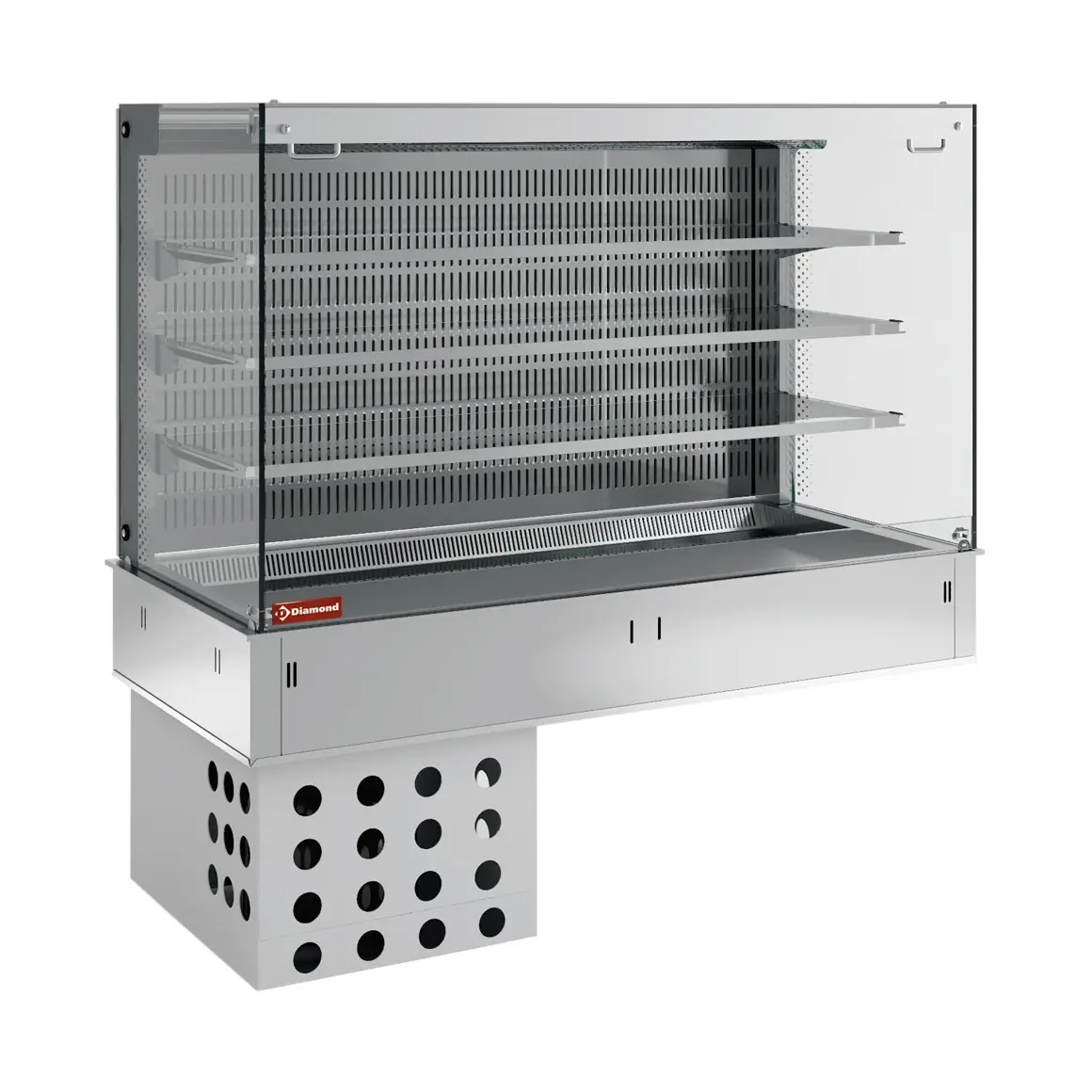 Mural avec cuve et vitrine "carrée" sur 3 niveaux ouverte (avec rideau), réfrigérées, ventilées, 3x GN 1/1