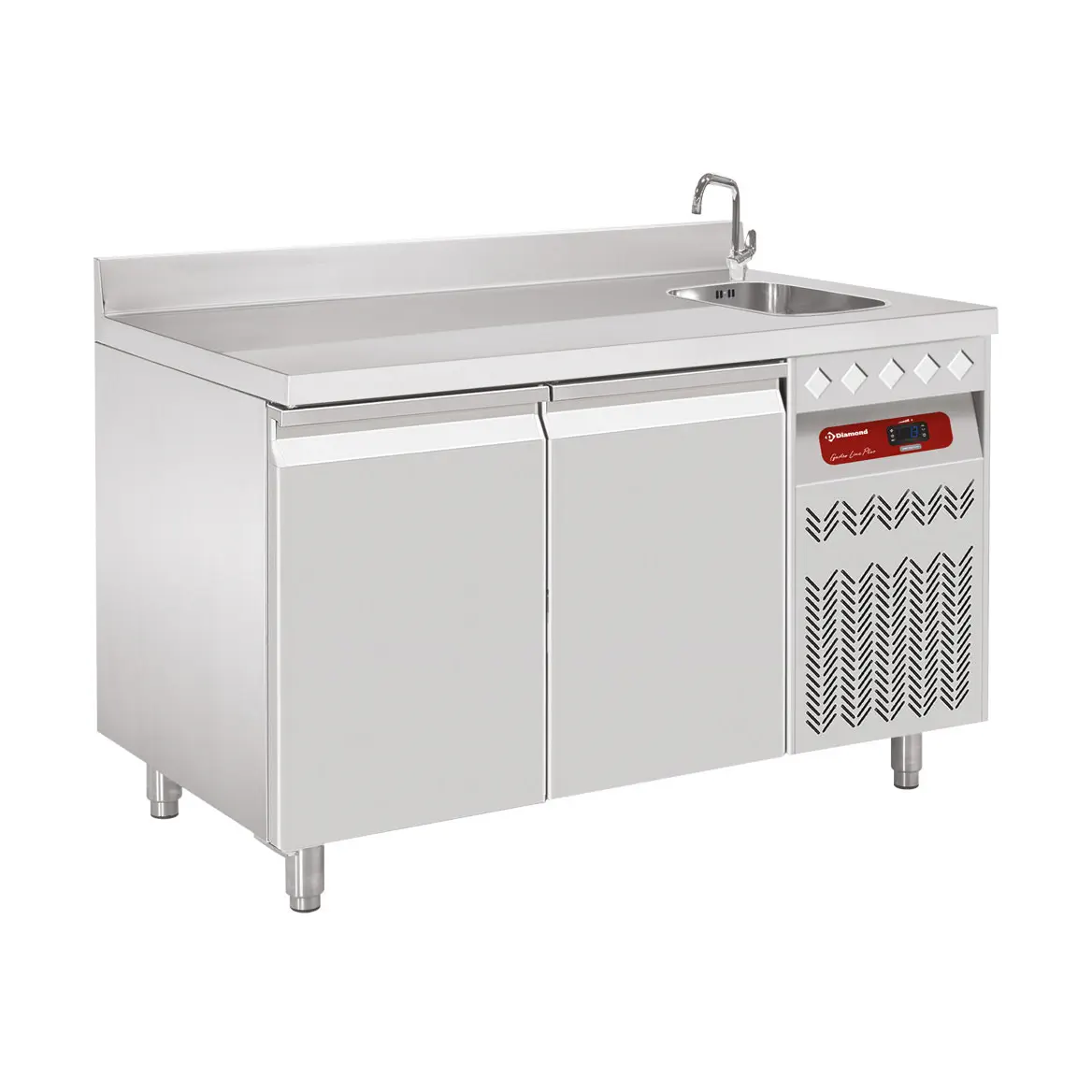 Table frigorifique "murale" ventilée, 2 portes GN 1/1, 260 Lit. avec évier
