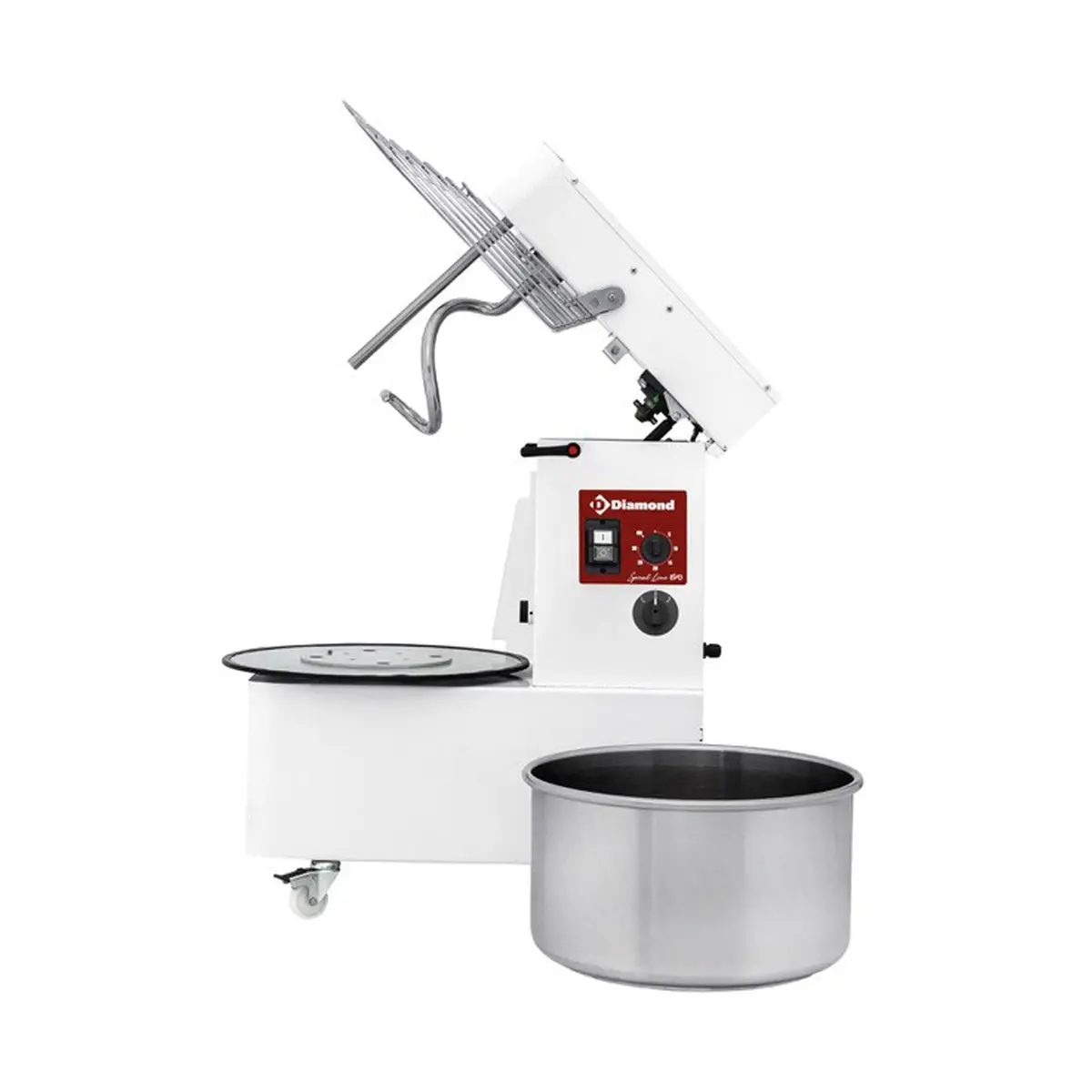 Pétrin à spirale 42 Litres tête relevable, cuve amovible, 2 vitesses, timer, sur roues