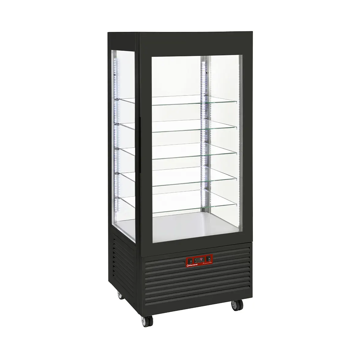 Vitrine 4 faces T° négative, 5 étagères en verre , ventilée, 480 Lit, NOIRE