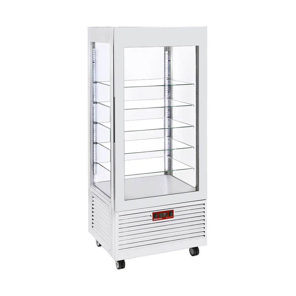 Vitrine 4 faces T° négative , 5 étagères en verre , ventilée, 480 Lit, BLANCHE