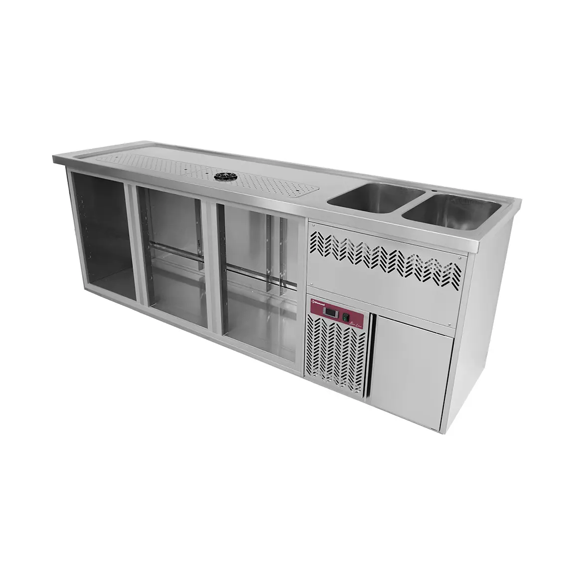 Comptoir bar 3 compartiments, égoutoir+grille, 2 cuves à droite.