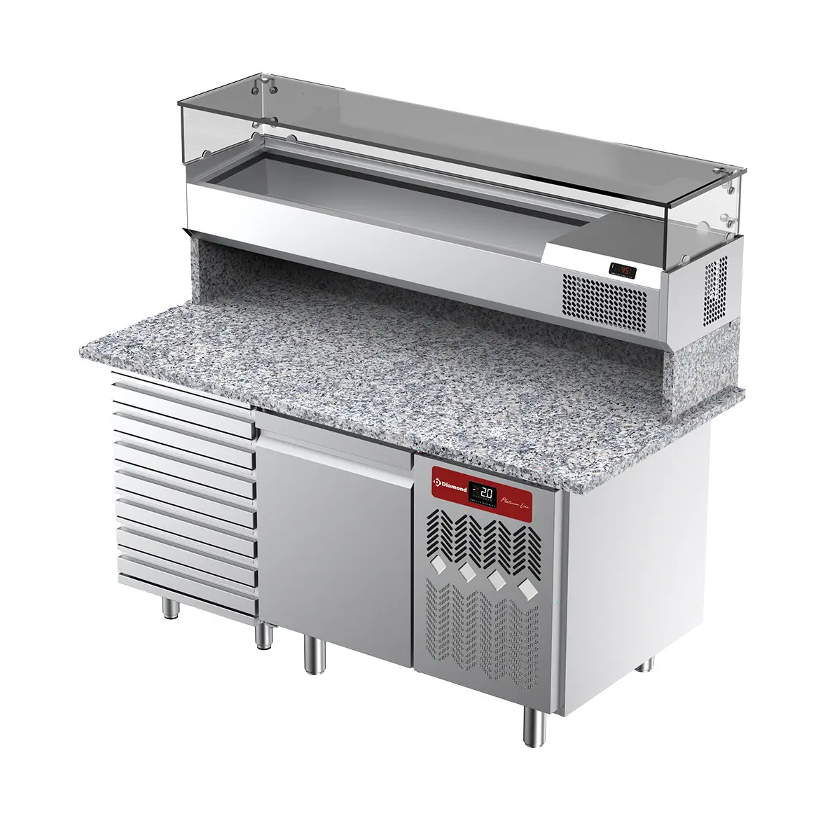 Table frigorifique, ventilée, pour pizza 1 porte et 7 tiroirs avec  vitrine refrigérée 1600x380x410 et plan de travail en granit  