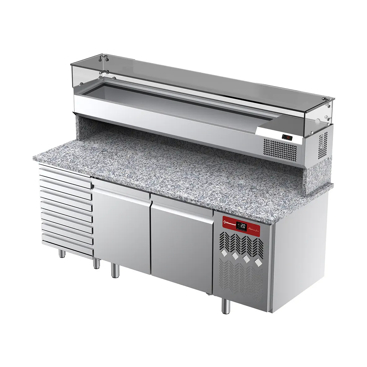 Table frigorifique, ventilée, pour pizza 2 portes et 7 tiroirs avec  vitrine refrigérée 2000x380x410 et plan de travail en granit