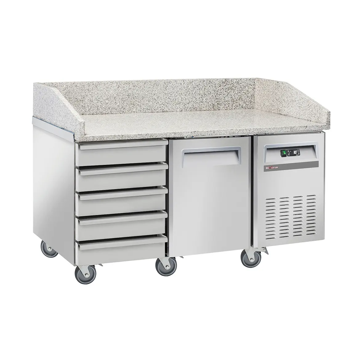 Table frigo pizzeria, 1 porte EN 600x400, 5 tiroirs neutres EN 600x400, sur roues, 2 avec freins