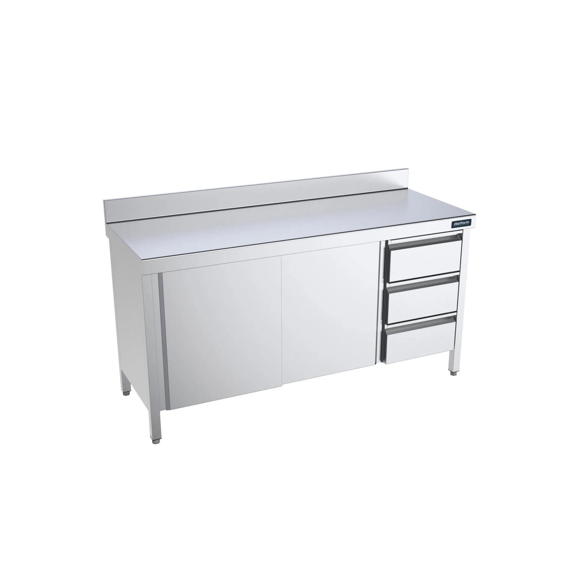 Table adossée 1600x700 avec portes et module de tiroirs à droite