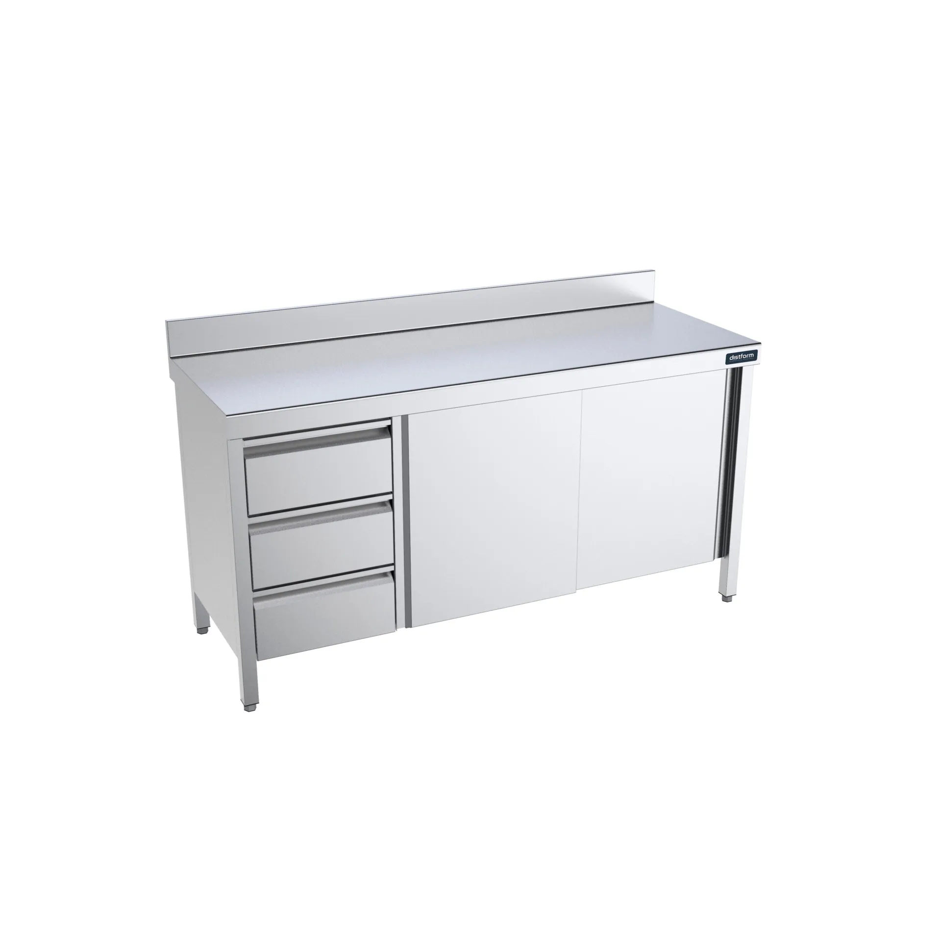 Table adossée 1600x700 avec portes et module de tiroirs à gauche